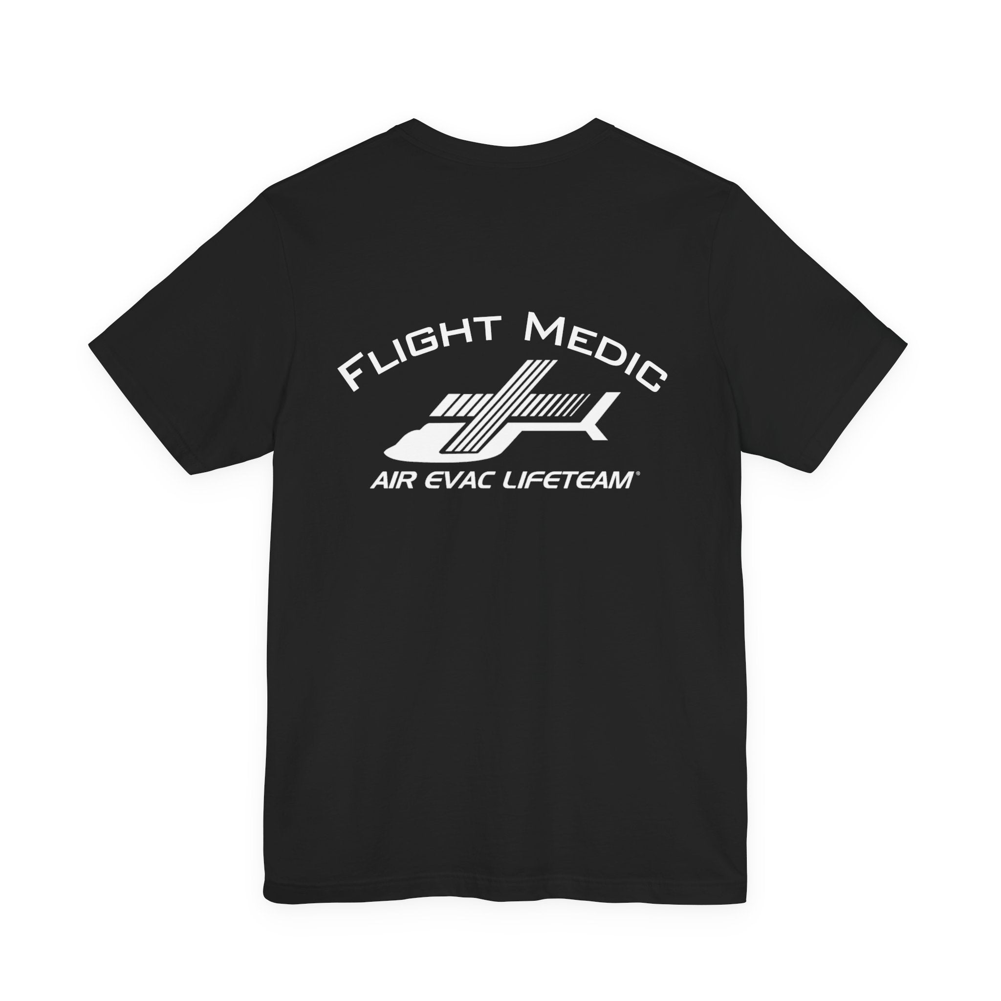 Black t-shirt with 'Flight Medic" text and Air Evac Lifeteam' logo on the back by Rotor Wash & Wear
