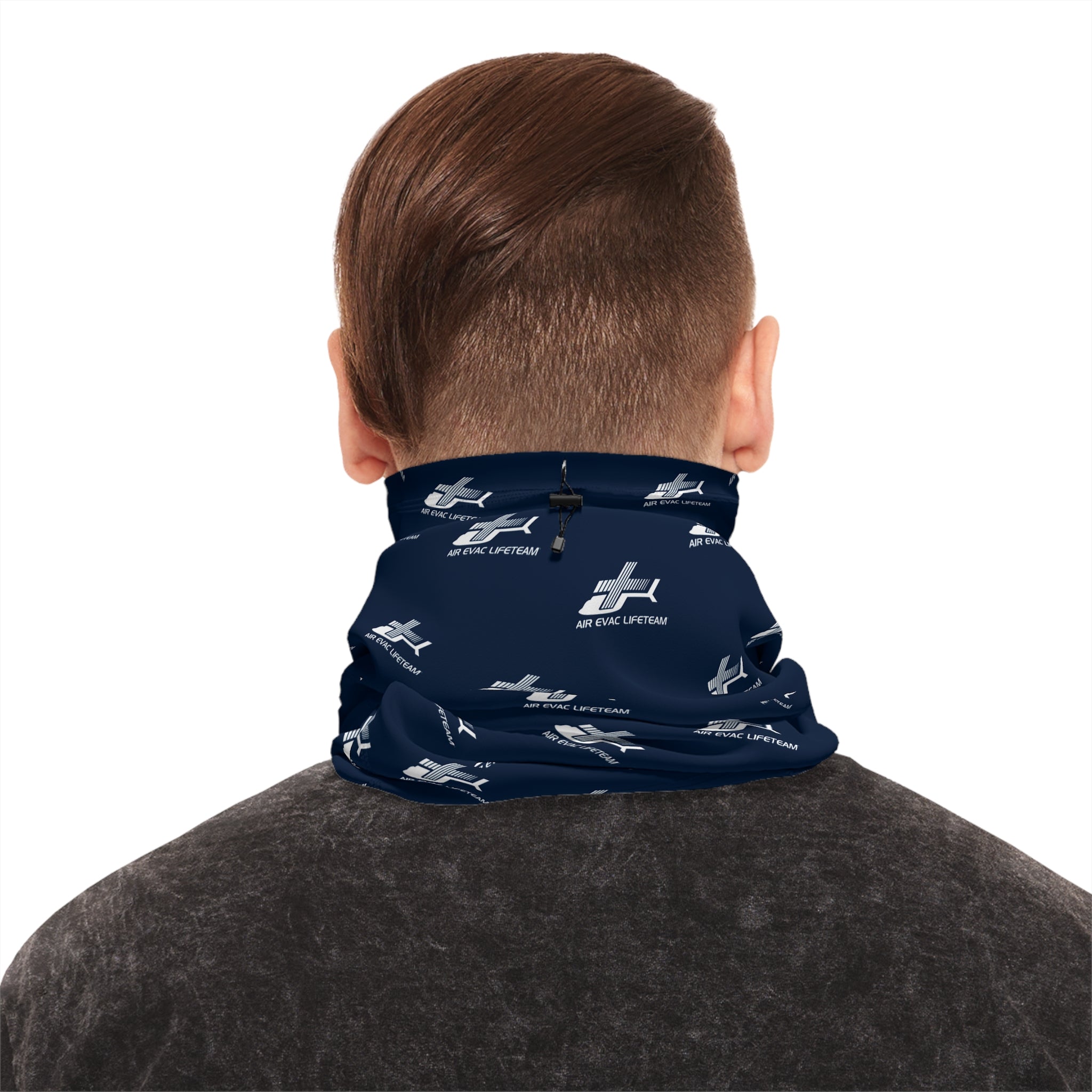 Person wearing navy blue neck gaiter with white Air Evac Lifeteam logos on a white background