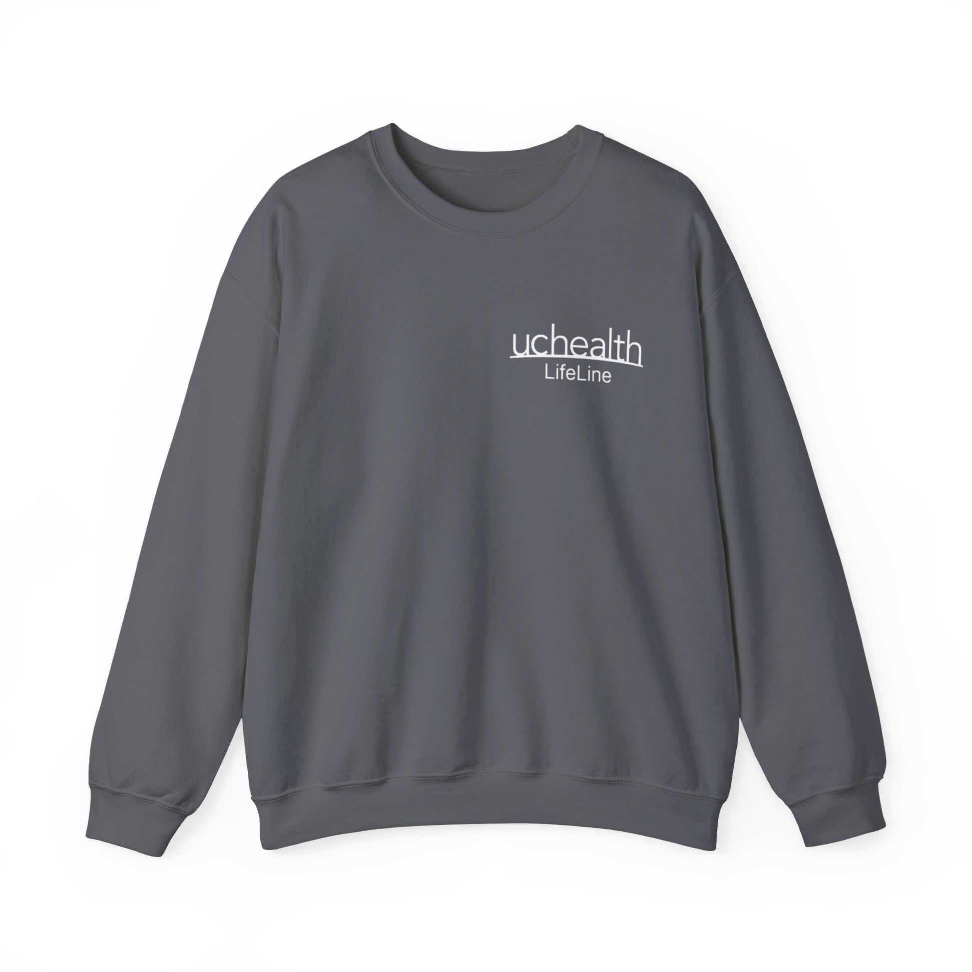 Dark gray sweatshirt with 'uchealth LifeLine' logo on the left chest