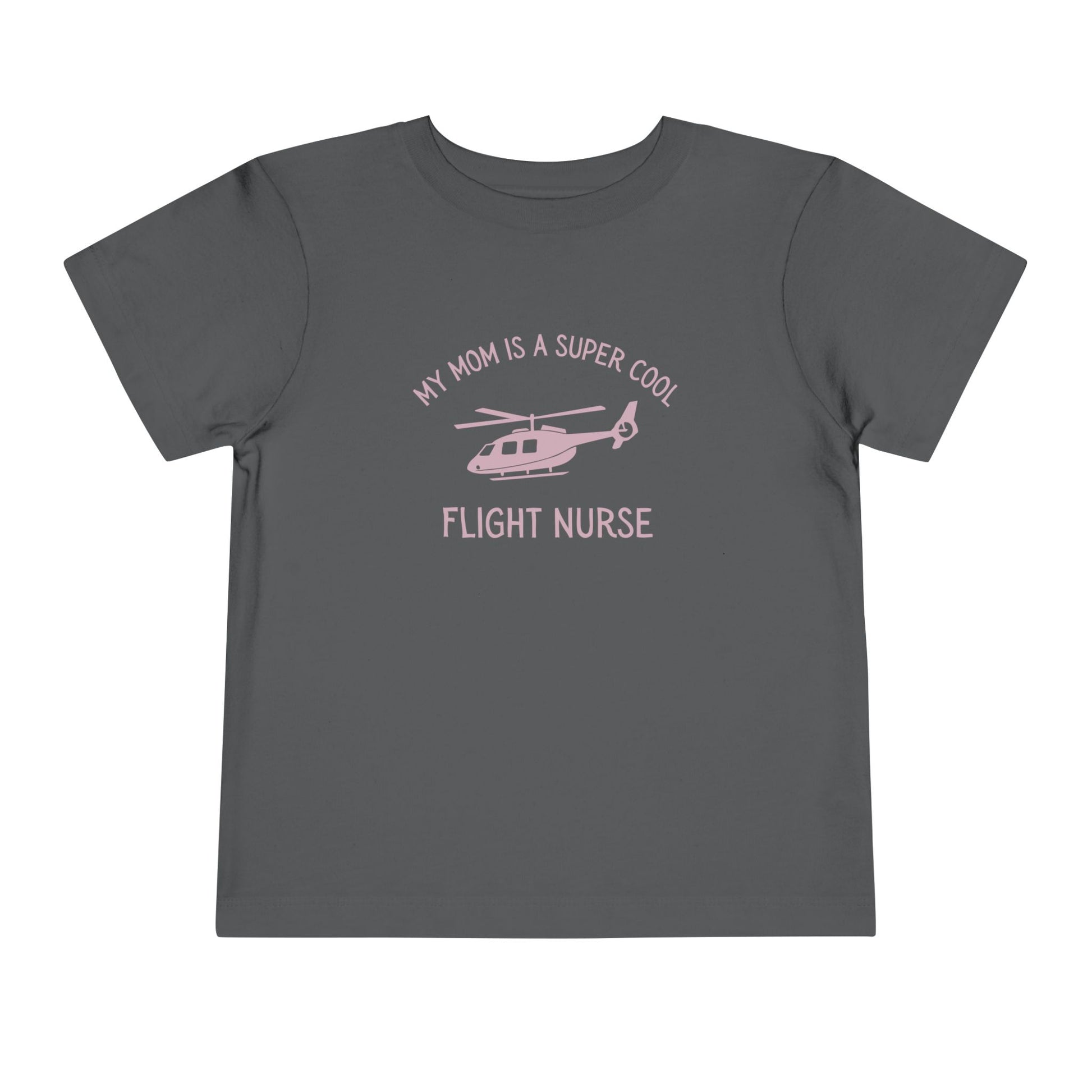 Gray  toddler t-shirt with yellow text "My mom is a super cool flight nurse" and helicopter graphic by Rotor Wash & Wear