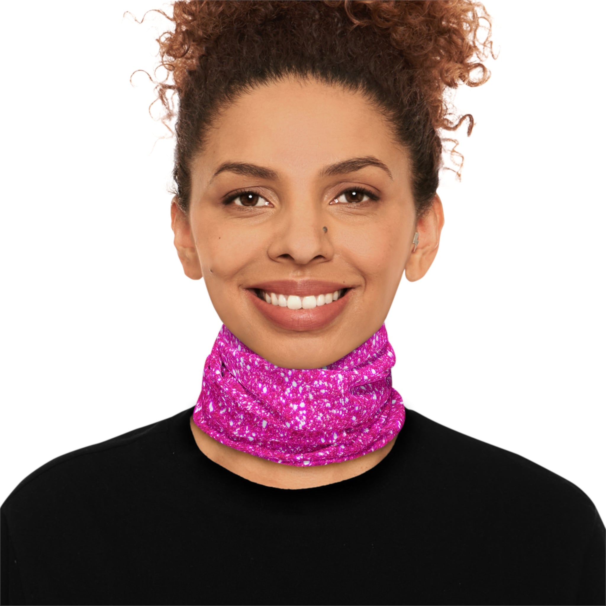 Person wearing pink and white patterned neck gaiter by Rotor Wash & Wear