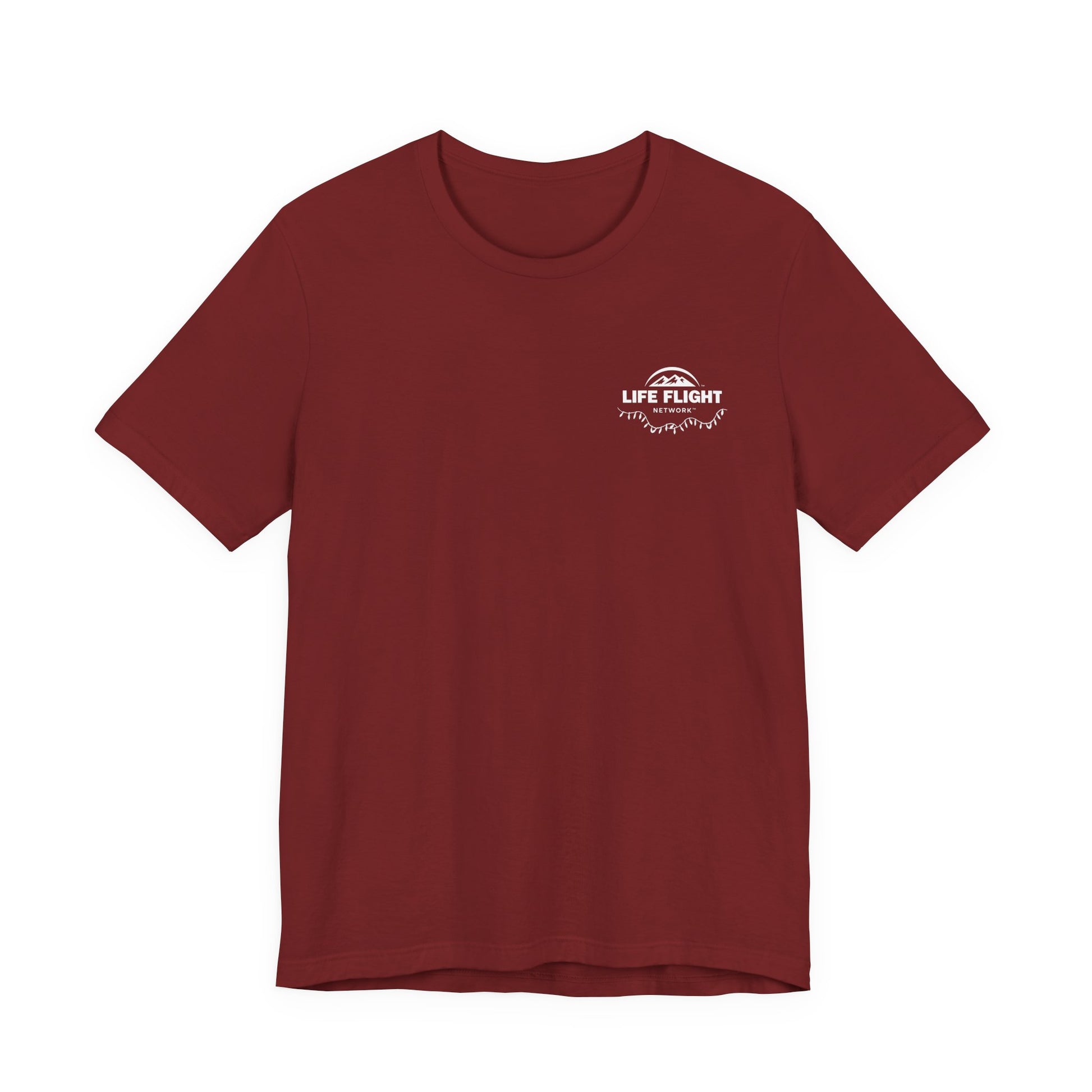 Maroon t-shirt with a Life Flight logo with Christmas lights on the chest by Rotor Wash & Wear