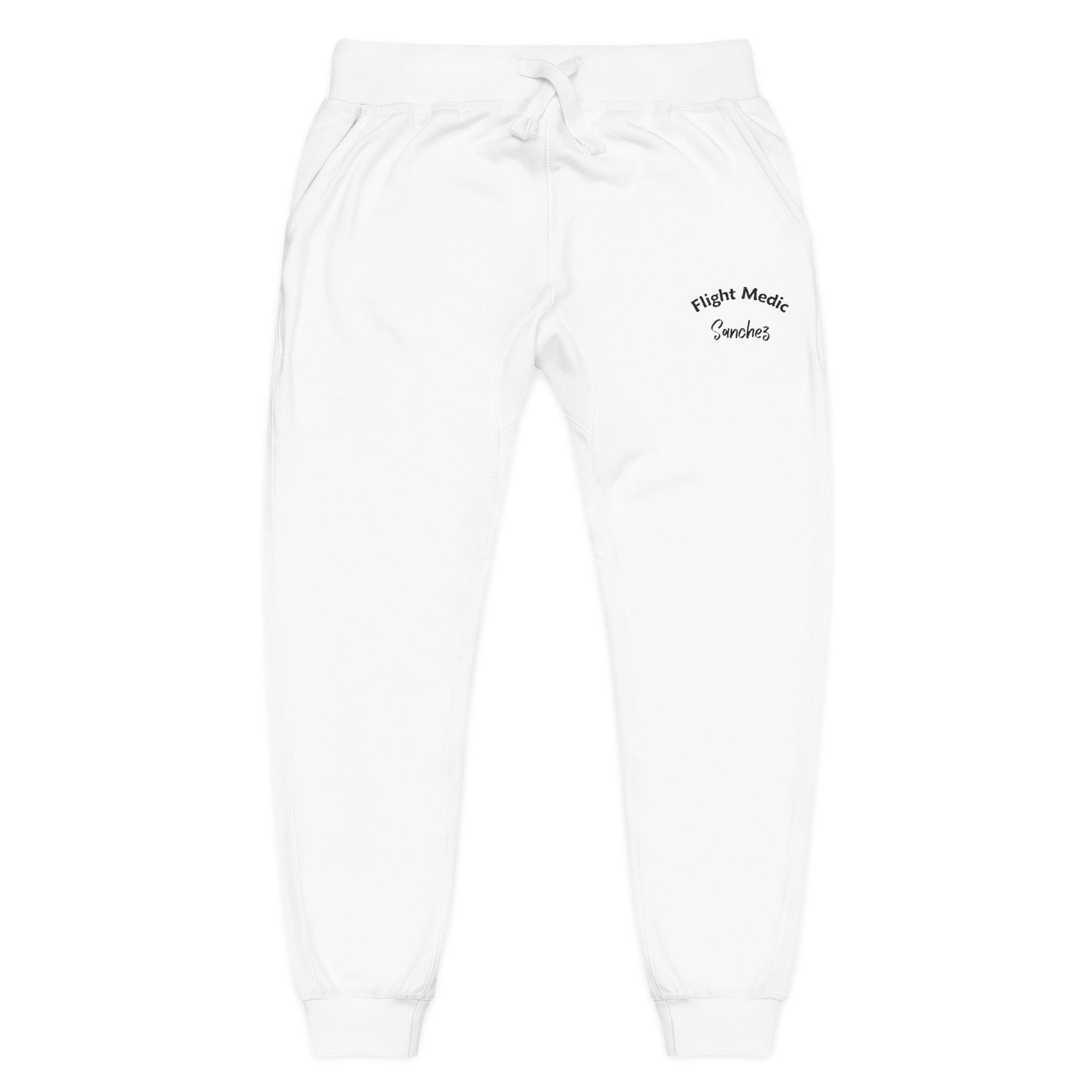 White joggers with text "Flight Medic Sanchez" on a white background