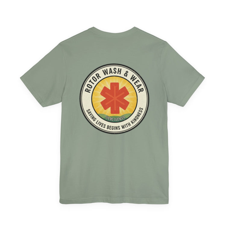 Green t-shirt with a logo for "Rotor Wash & Wear" and EMS Avenger with text "Saving lives begins with kindness" on the back on a white background