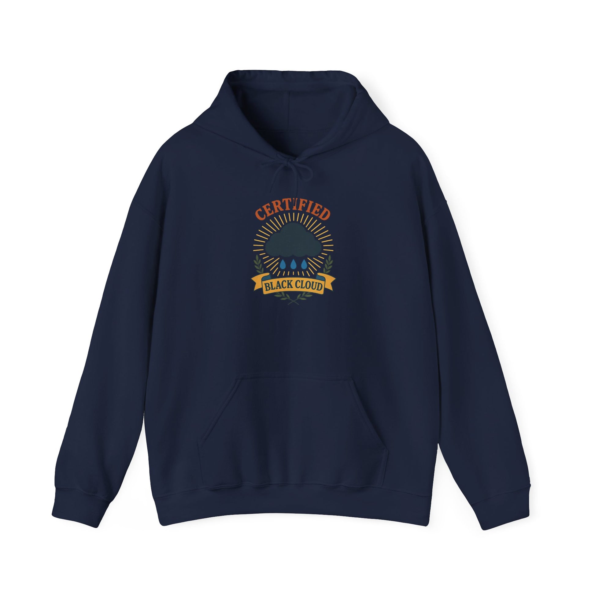 Navy blue hoodie with 'Certified Black Cloud' graphic on a white background