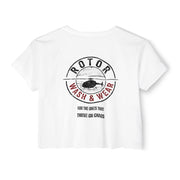 White crop top with a white logo "Rotor Wash & Wear" with text "for the ones that thrive on chaos" on a white background