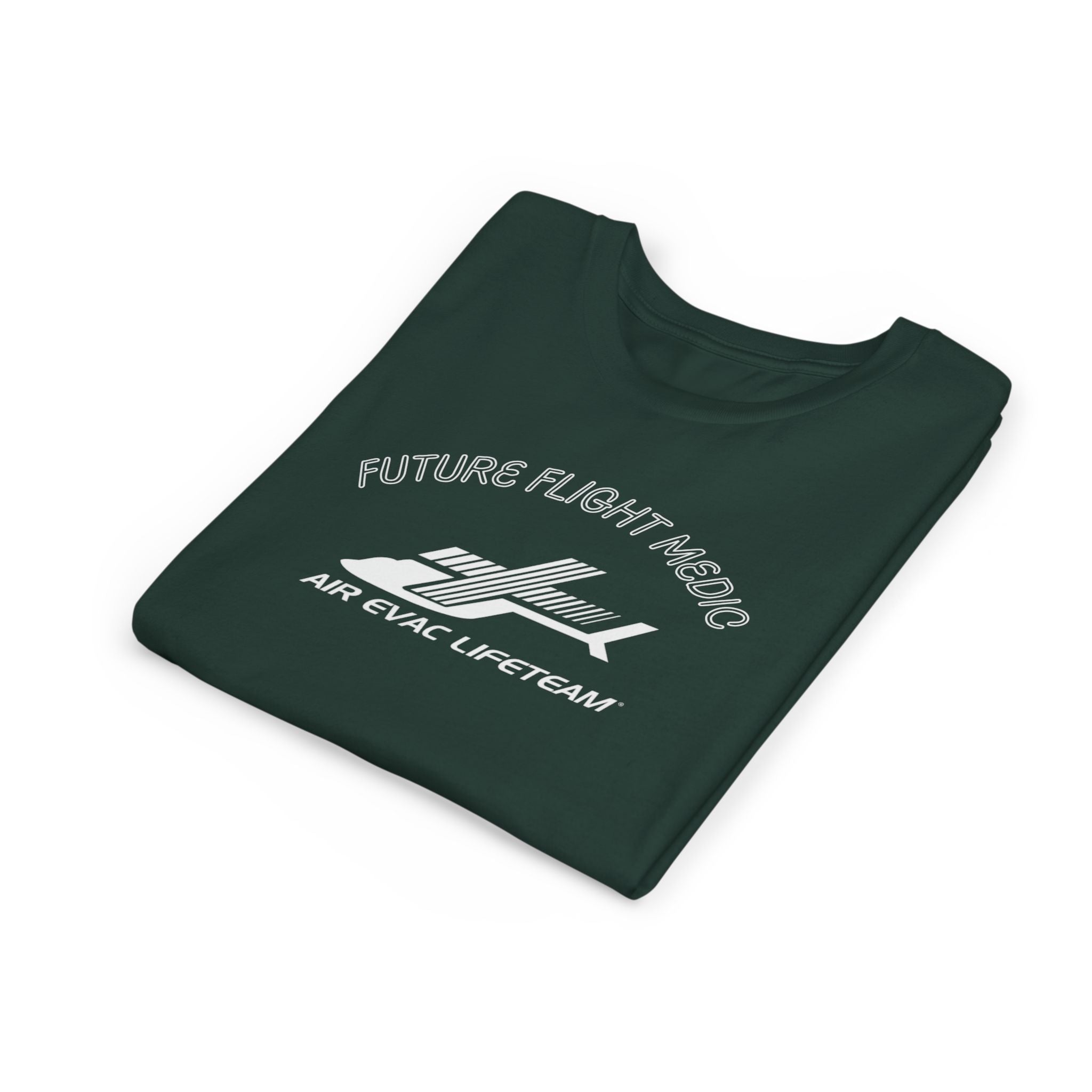 Folded dark green kid's t-shirt with Air Evac Lifeteam logo and text "Future Flight Medic" by Rotor Wash & Wear