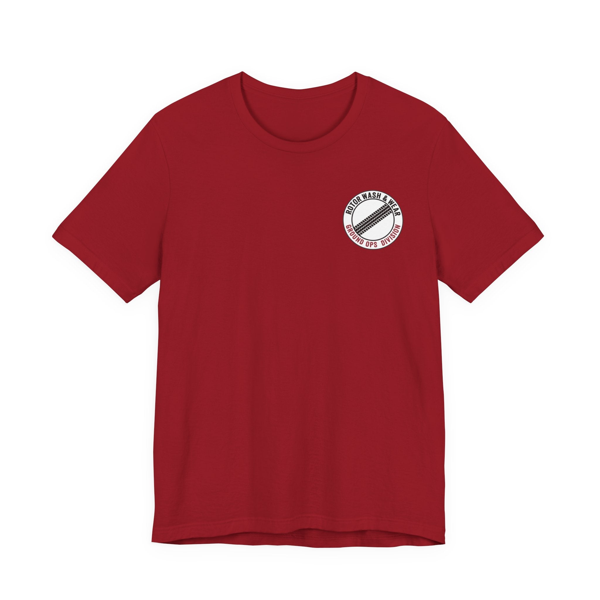 Red t-shirt with a "Rotor Wash & Wear - Ground Ops Division" logo on the left chest on a white background