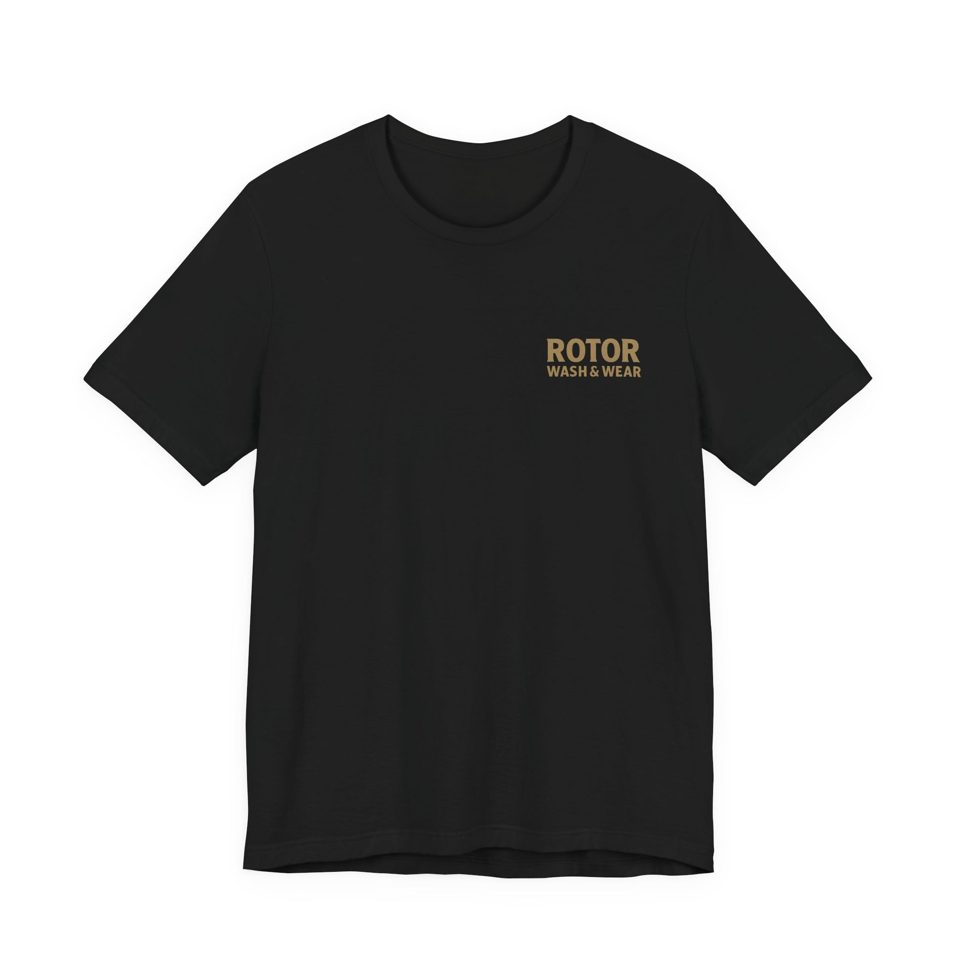 Black t-shirt with 'ROTOR WASH & WEAR' text on a white background