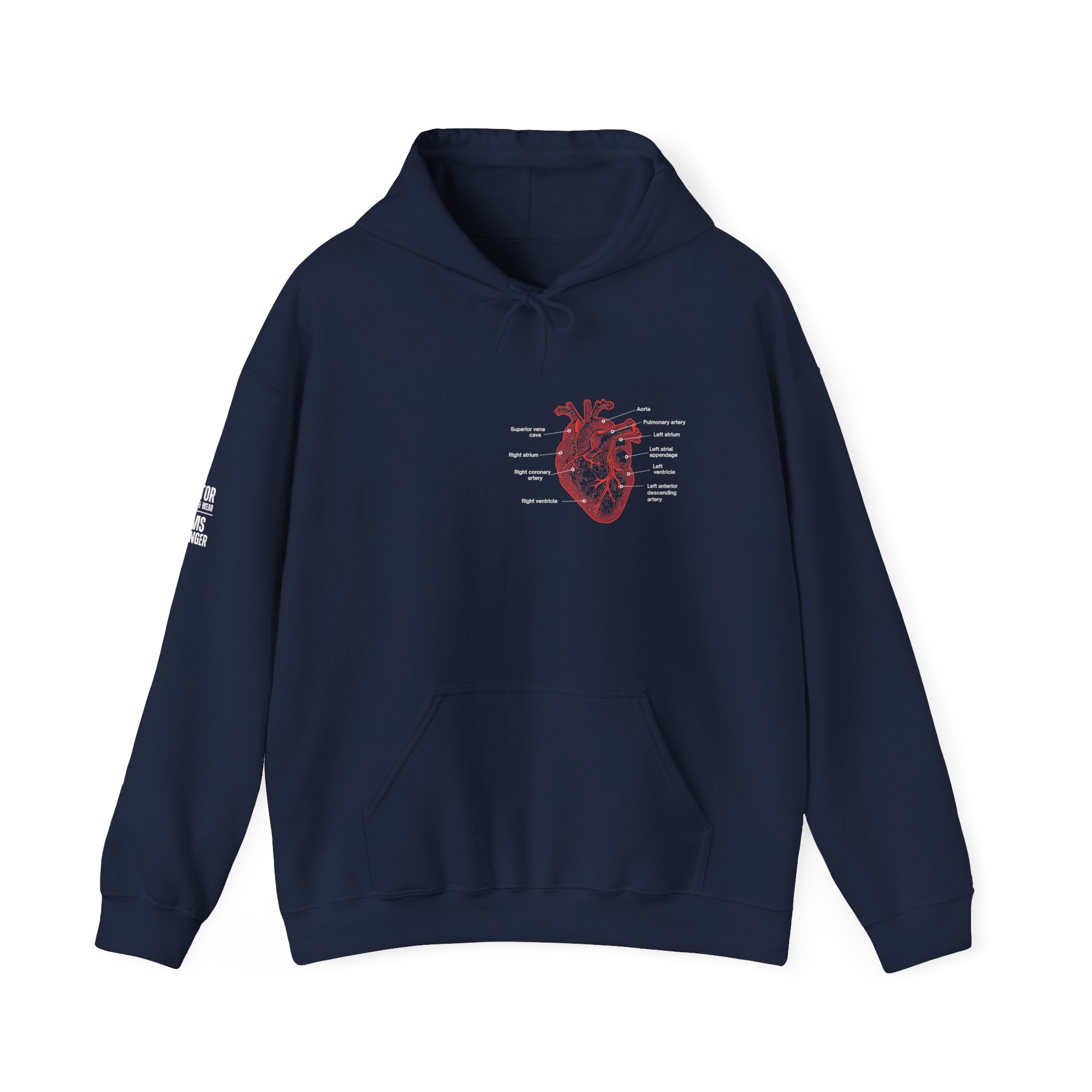 Navy blue hoodie with a red anatomical with heart with labels by Rotor Wash & Wear and EMS Avenger