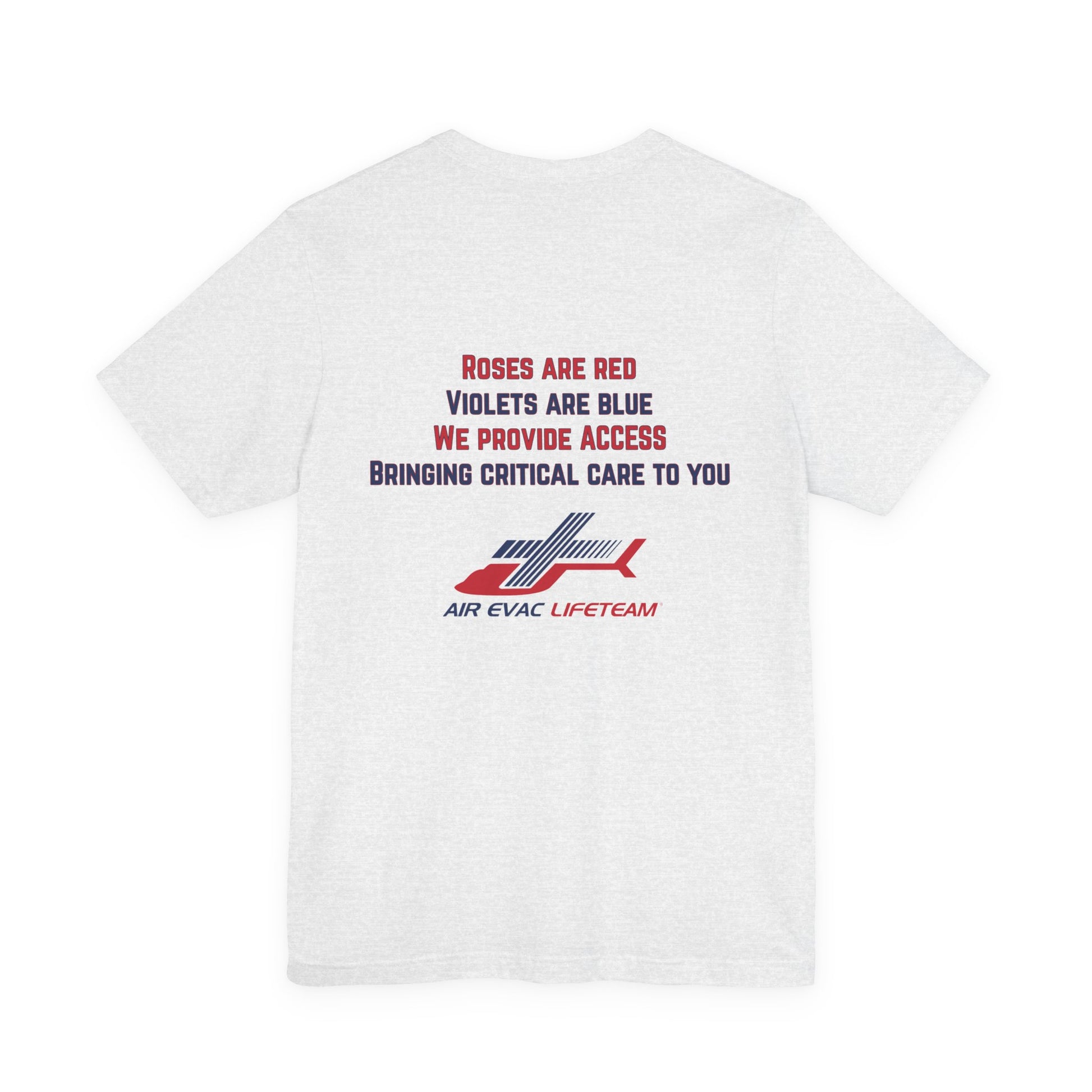 Light gray t-shirt with Valentine's day poem and Air Evac Lifeteam logo on a white background