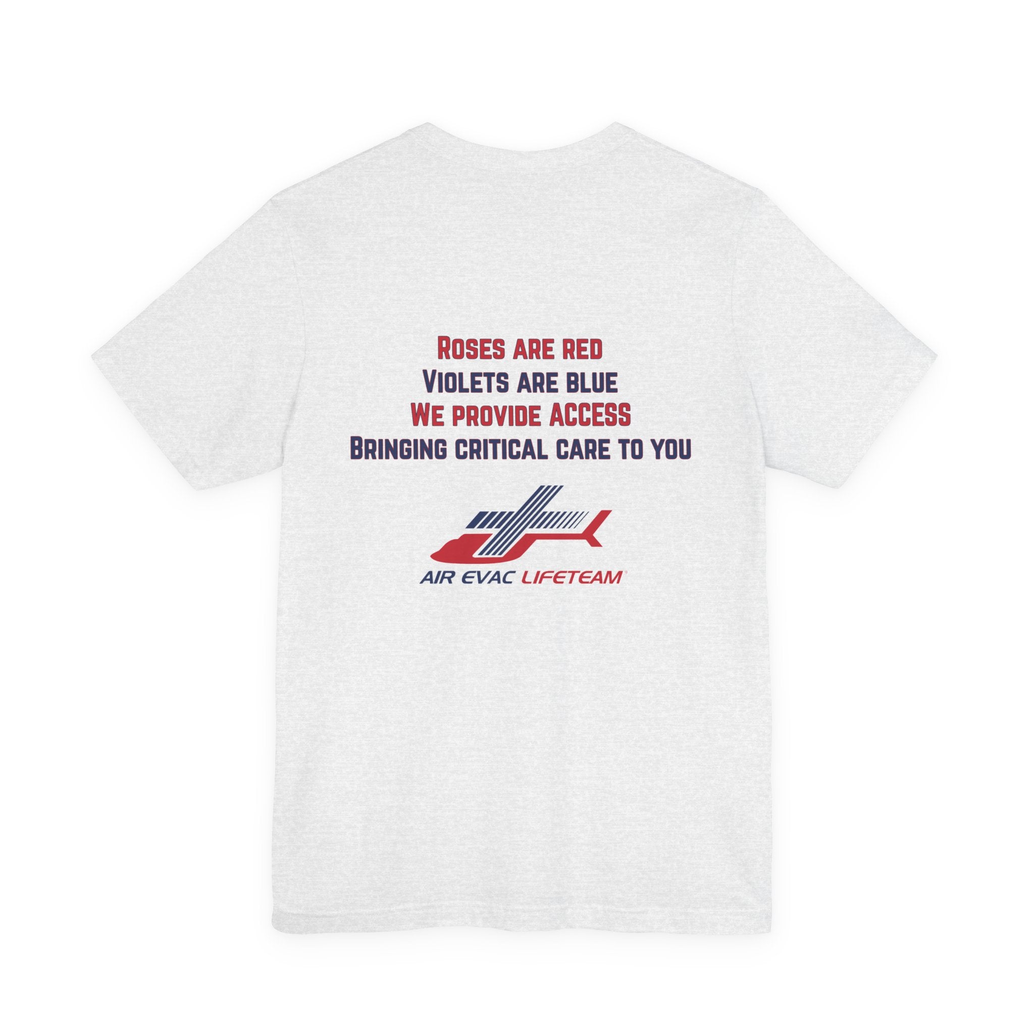Light gray t-shirt with Valentine's day poem and Air Evac Lifeteam logo on a white background