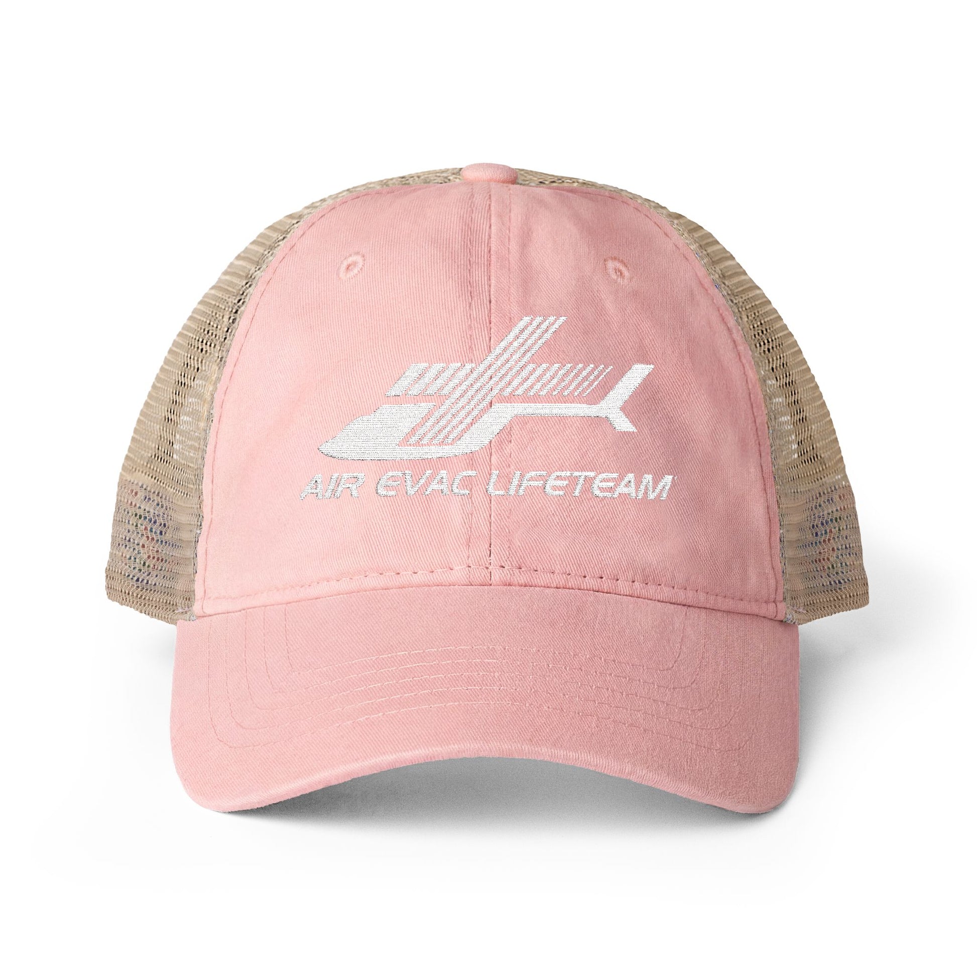 Pink women's trucker hat with beige mesh back and embroidered 'Air Evac Lifeteam' logo on a white background