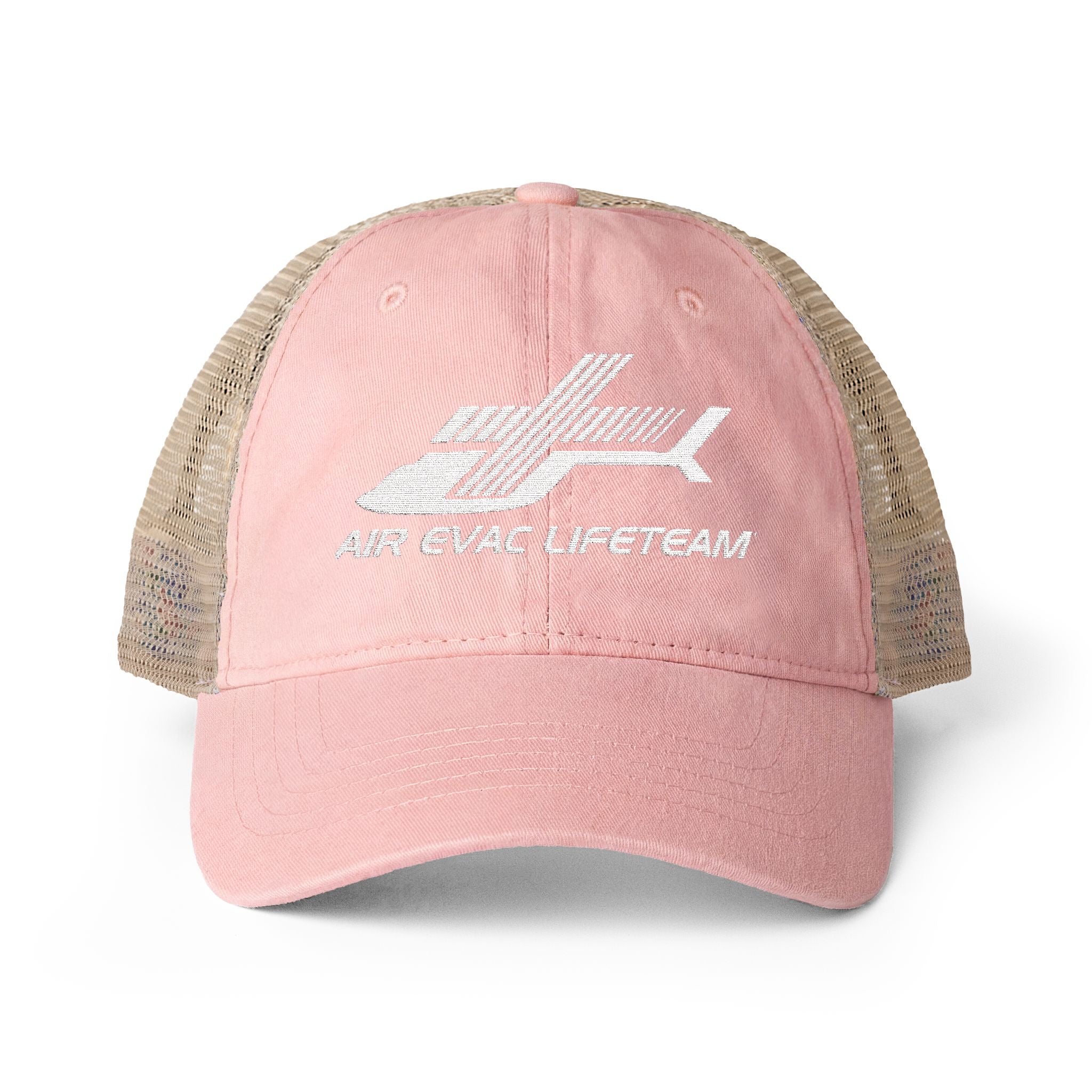 Pink women's trucker hat with beige mesh back and embroidered 'Air Evac Lifeteam' logo on a white background