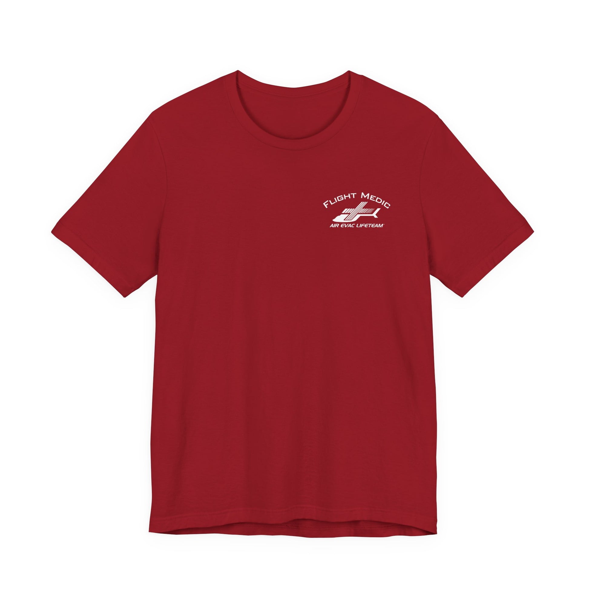 Red t-shirt with small 'Flight Medic" text and Air Evac Lifeteam' logo on the left chest by Rotor Wash & Wear