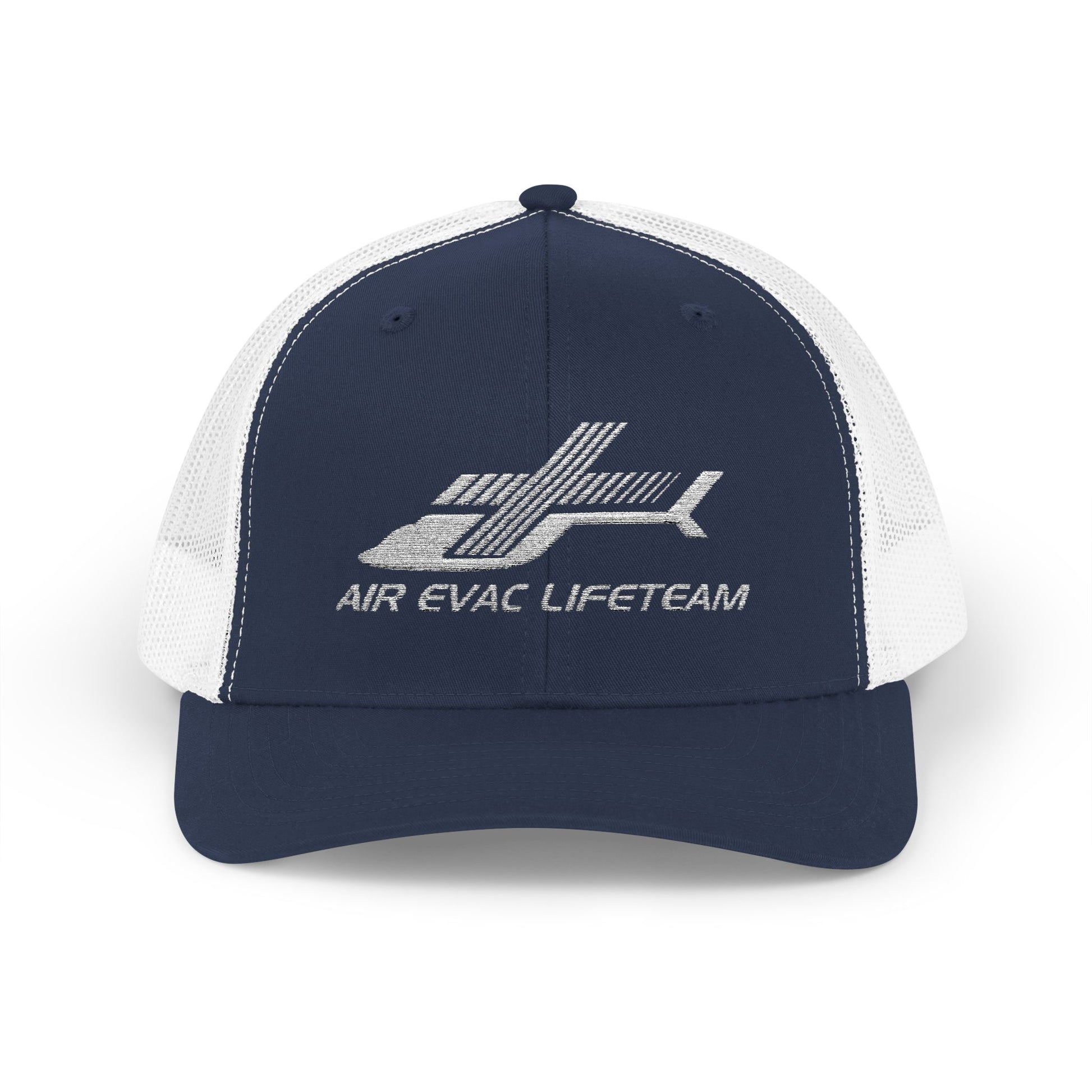 Navy and white cap with 'Air Evac Lifeteam' embroidered logo on a white background