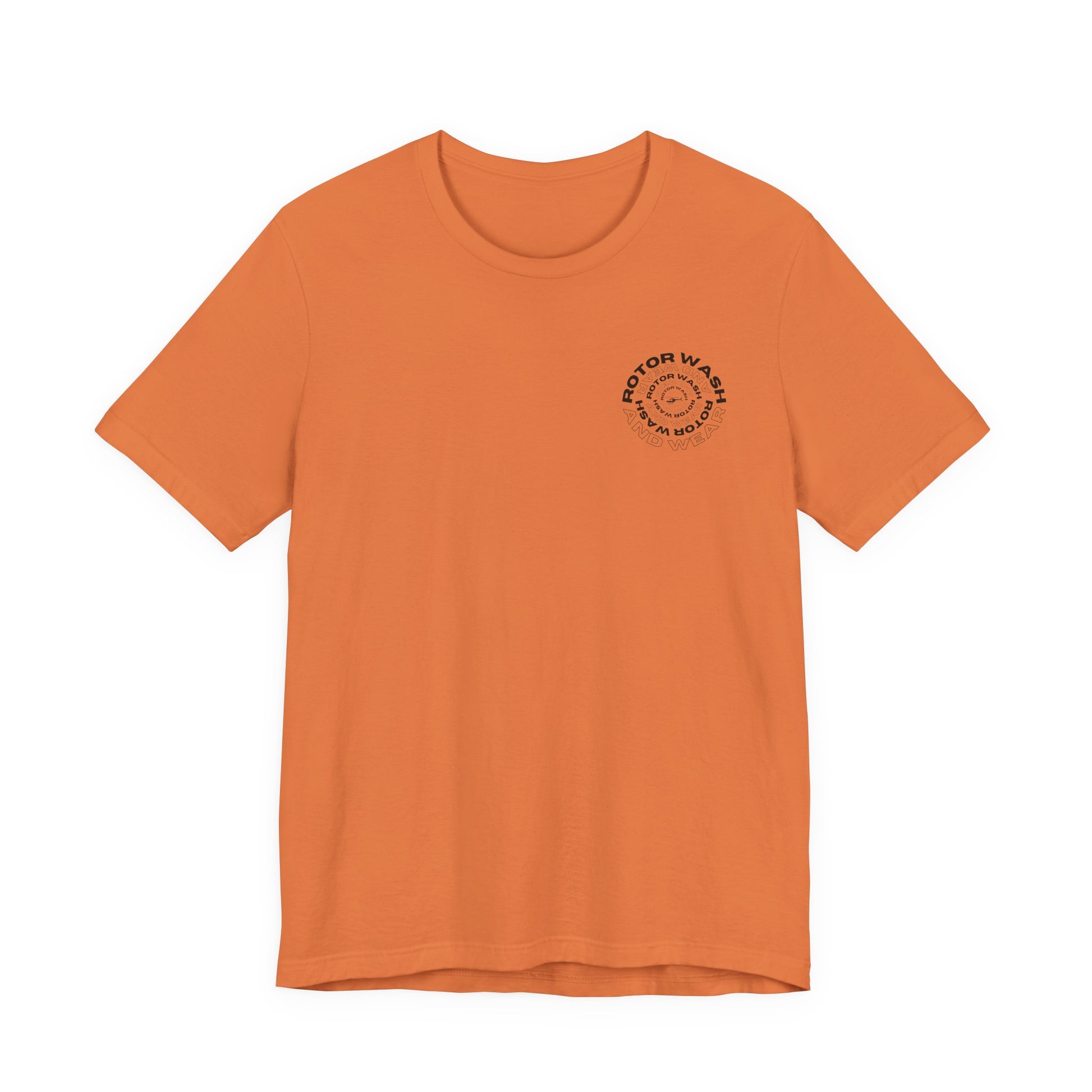Orange t-shirt with 'Rotor Wash and Wear' circular design text design on the left chest on a white background