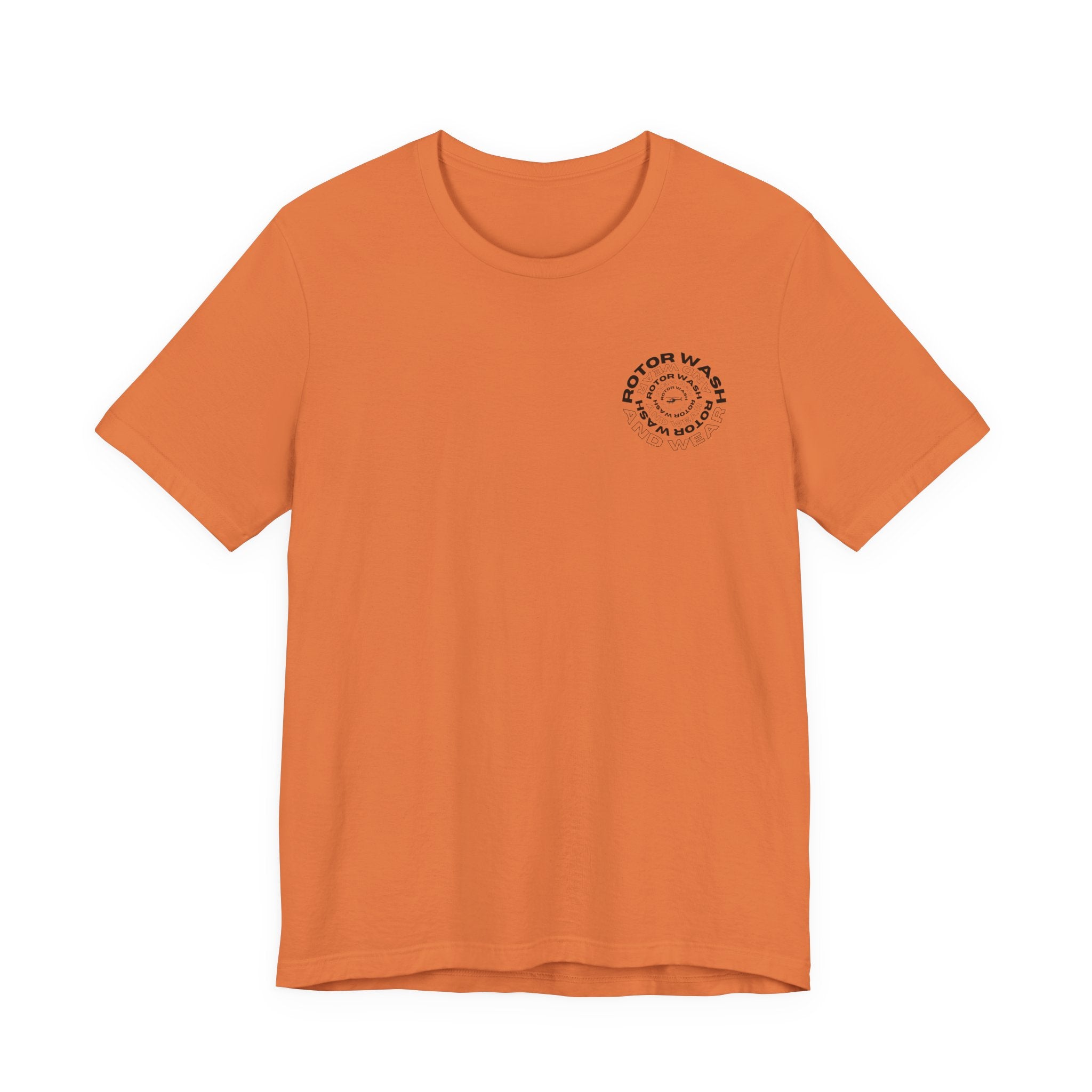Orange t-shirt with 'Rotor Wash and Wear' circular design text design on the left chest on a white background