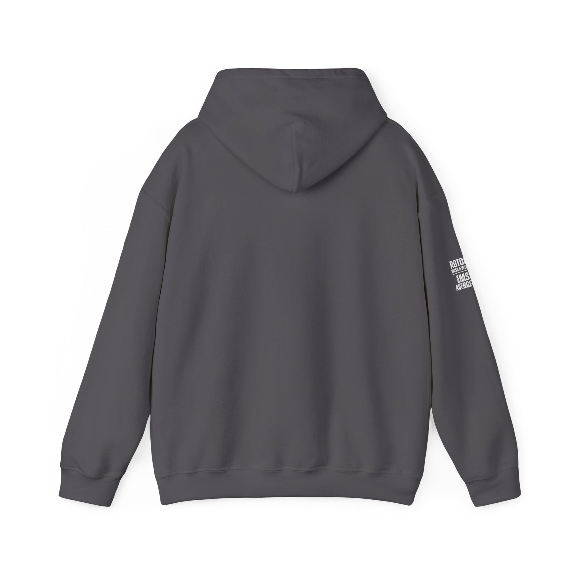 Gray hoodie with a brand logo on the sleeve against a white background