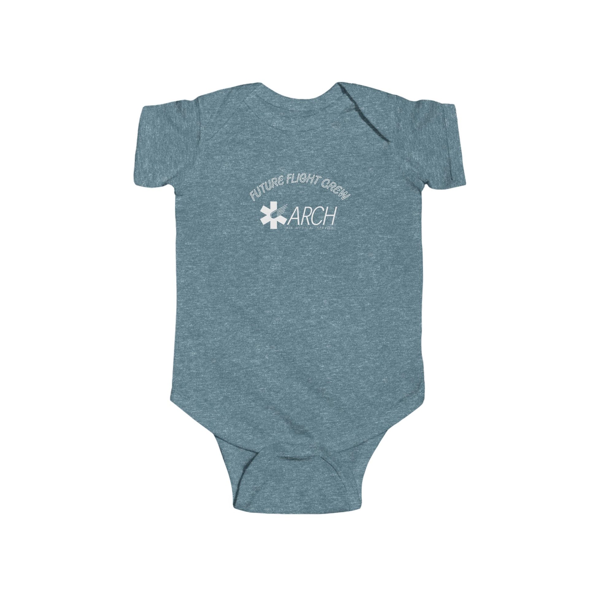 Light blue baby onesie with ARCH by Air Methods logo and text "Future Flight Crew" by Rotor Wash & Wear