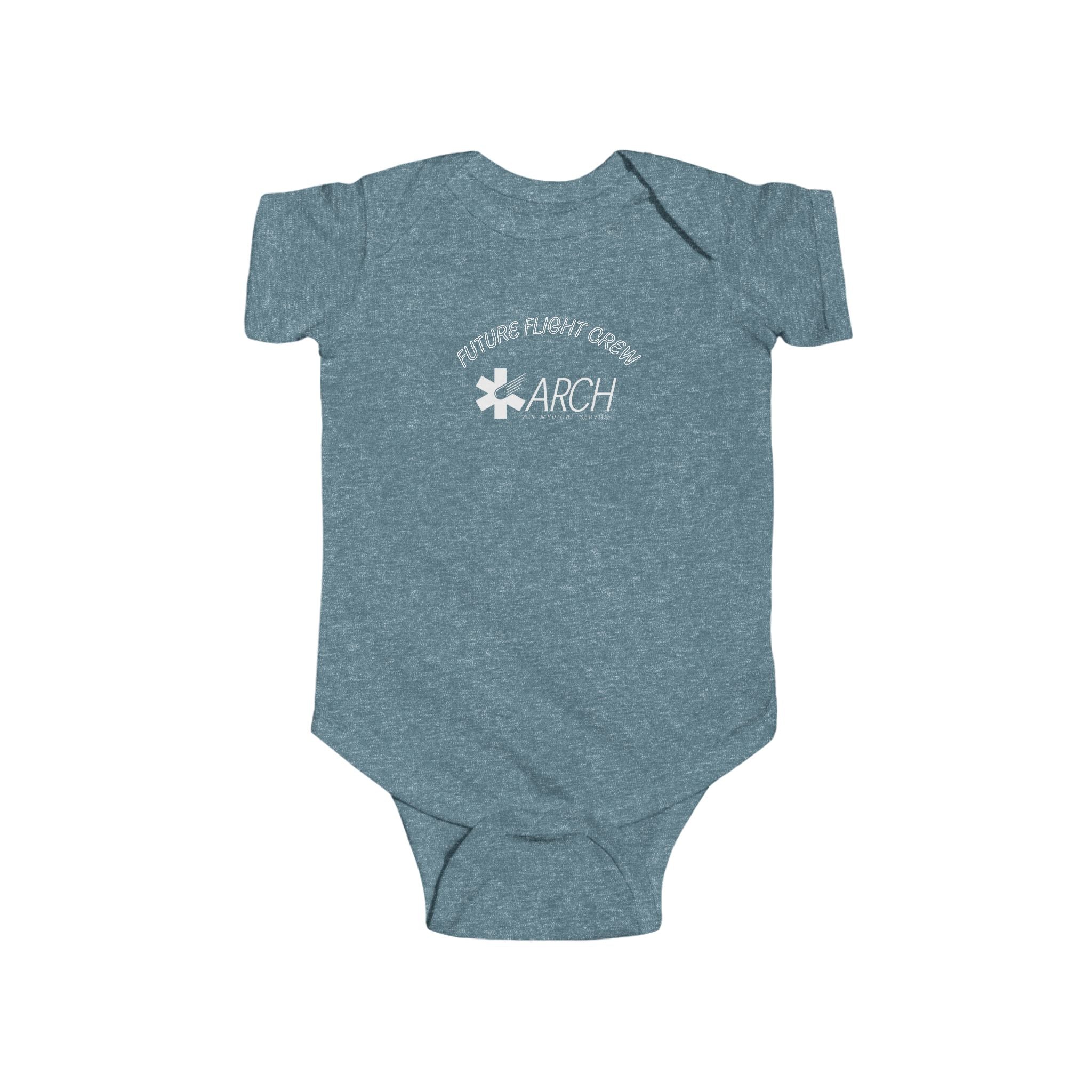 Light blue baby onesie with ARCH by Air Methods logo and text "Future Flight Crew" by Rotor Wash & Wear