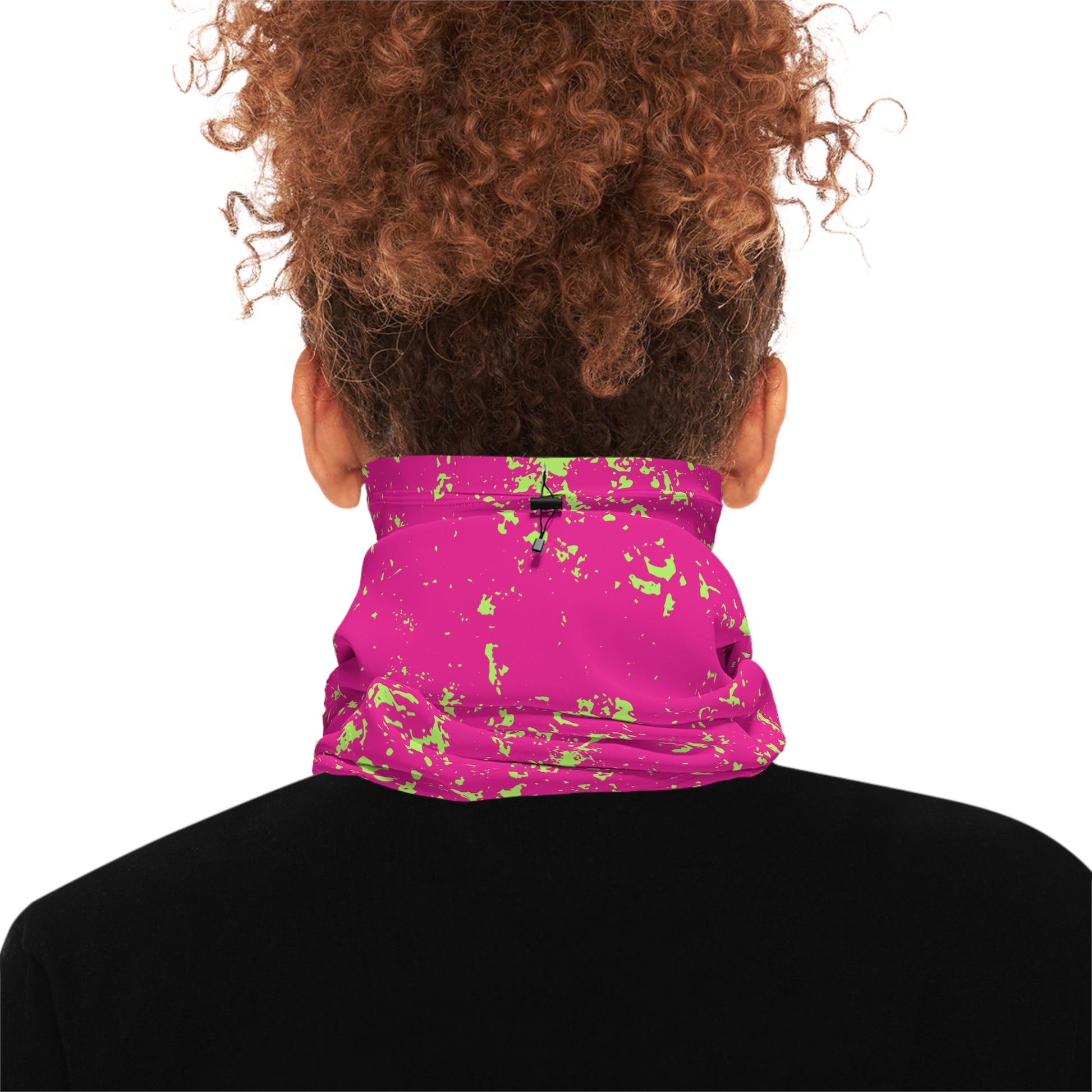 Person wearing hot pink neck gaiter with neon green splatter pattern by Rotor Wash & Wear