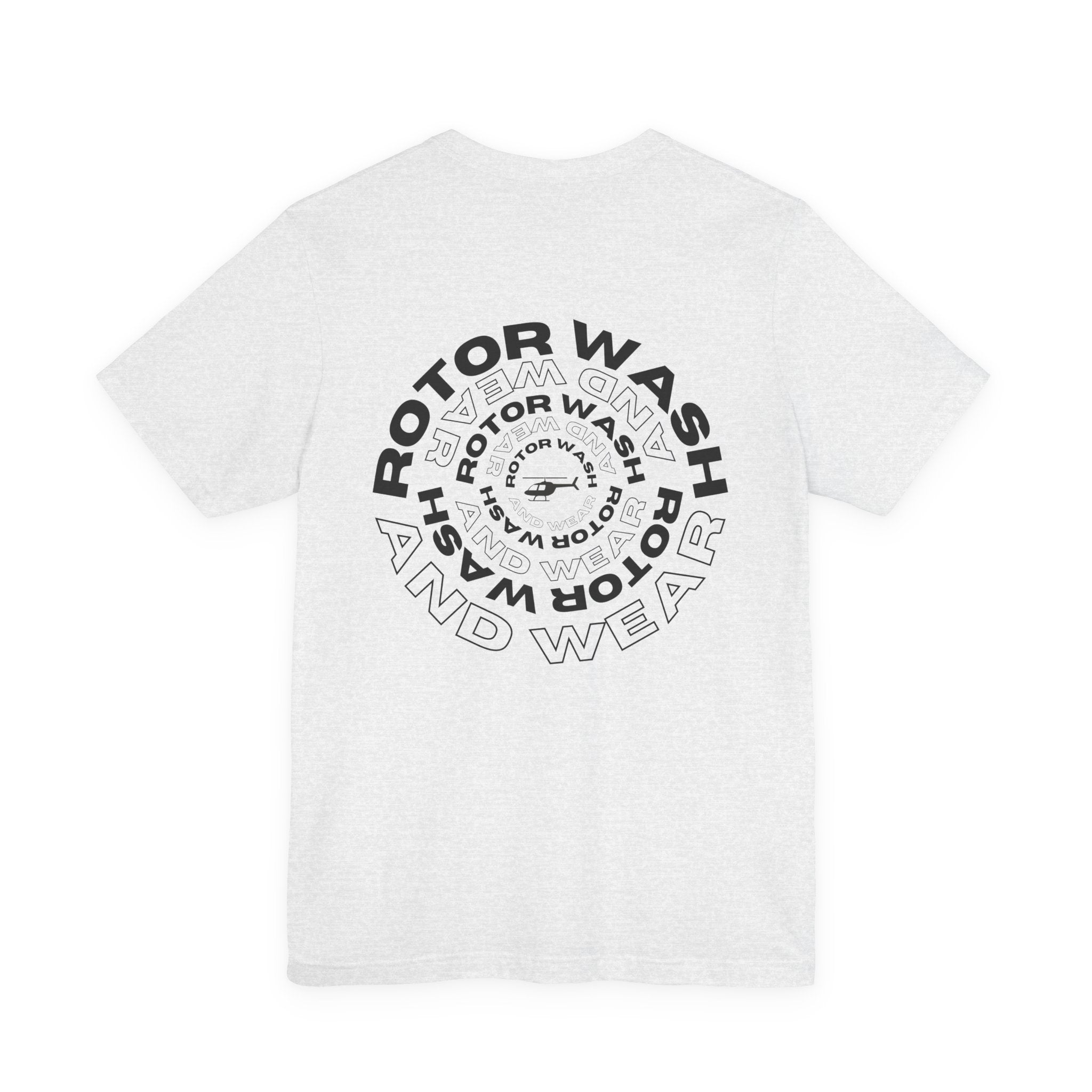 White t-shirt with 'Rotor Wash and Wear' circular design text design on a white background
