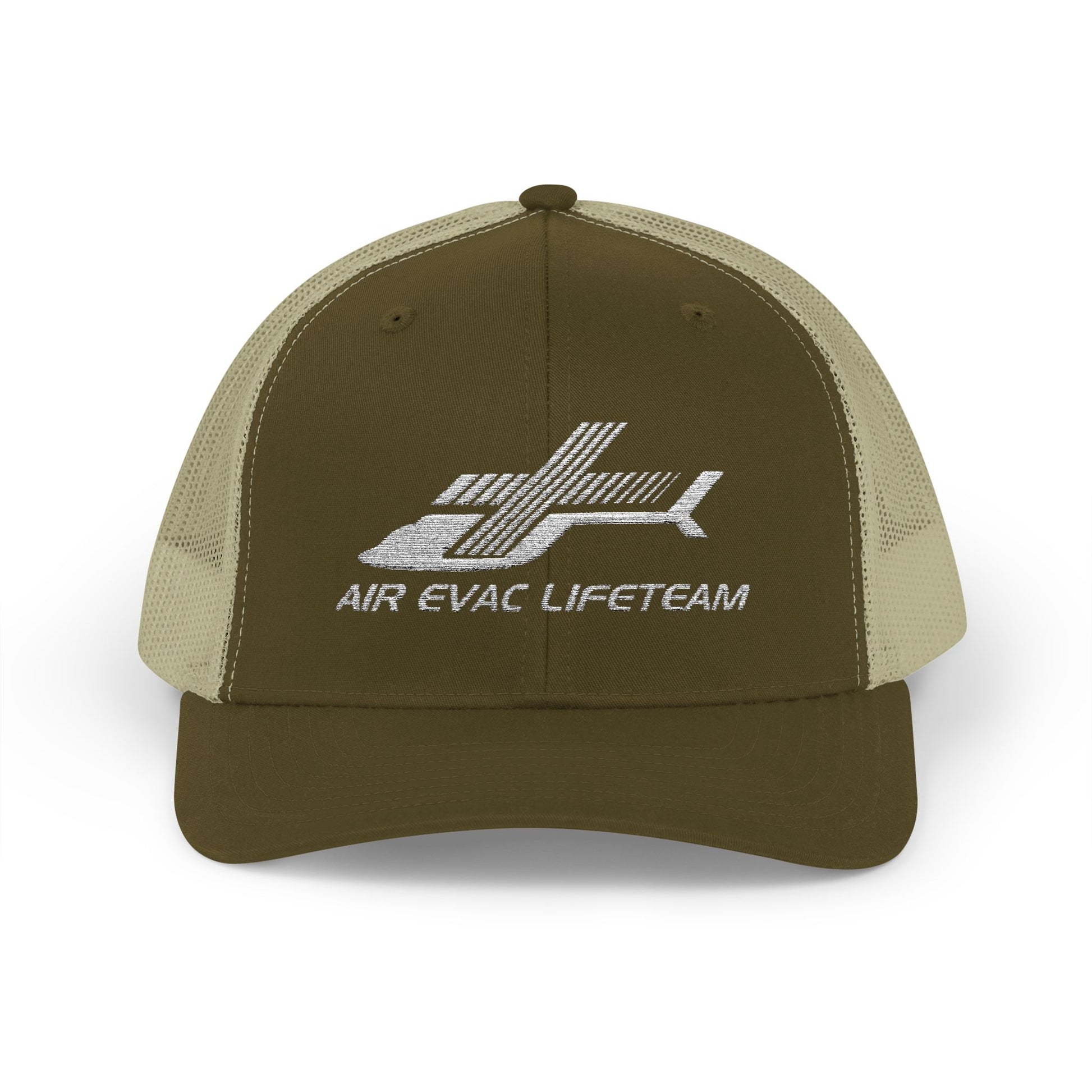 Brown and beige cap with 'Air Evac Lifeteam' logo on a white background