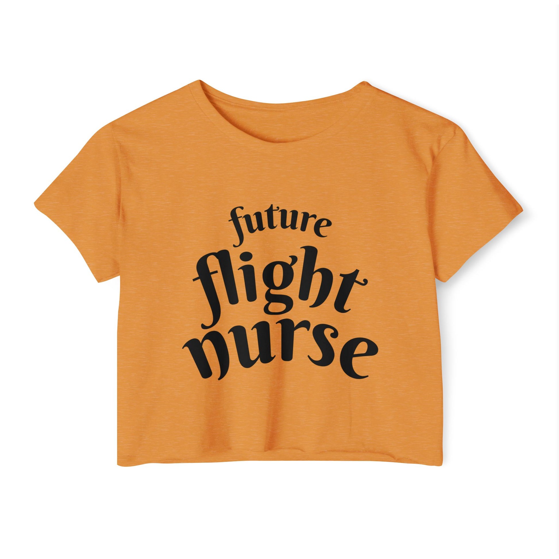Orange t-shirt with 'future flight nurse' text on a white background