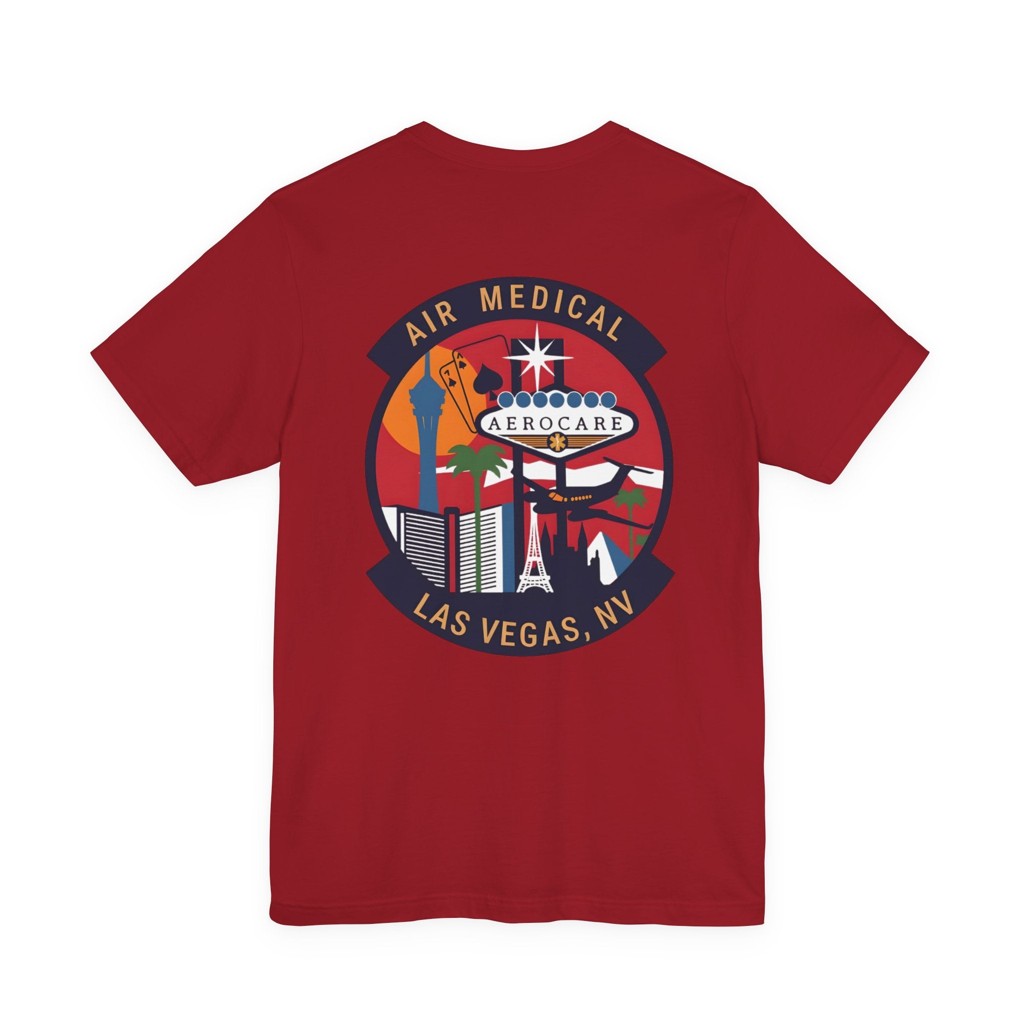 Red t-shirt with Air Medical Aerocare Las Vegas, NV logo on a white background