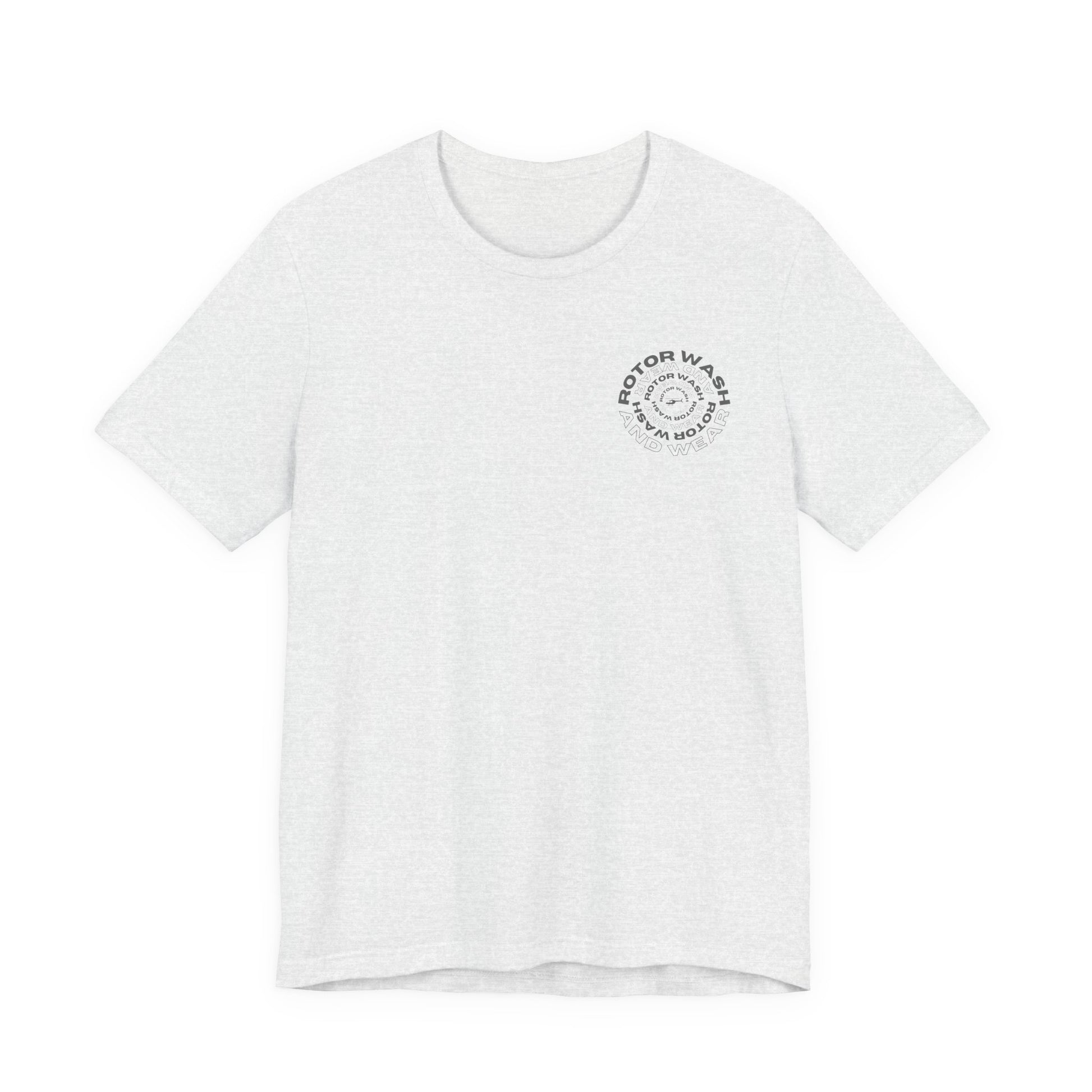 White t-shirt with 'Rotor Wash and Wear' circular design text design on the left chest on a white background