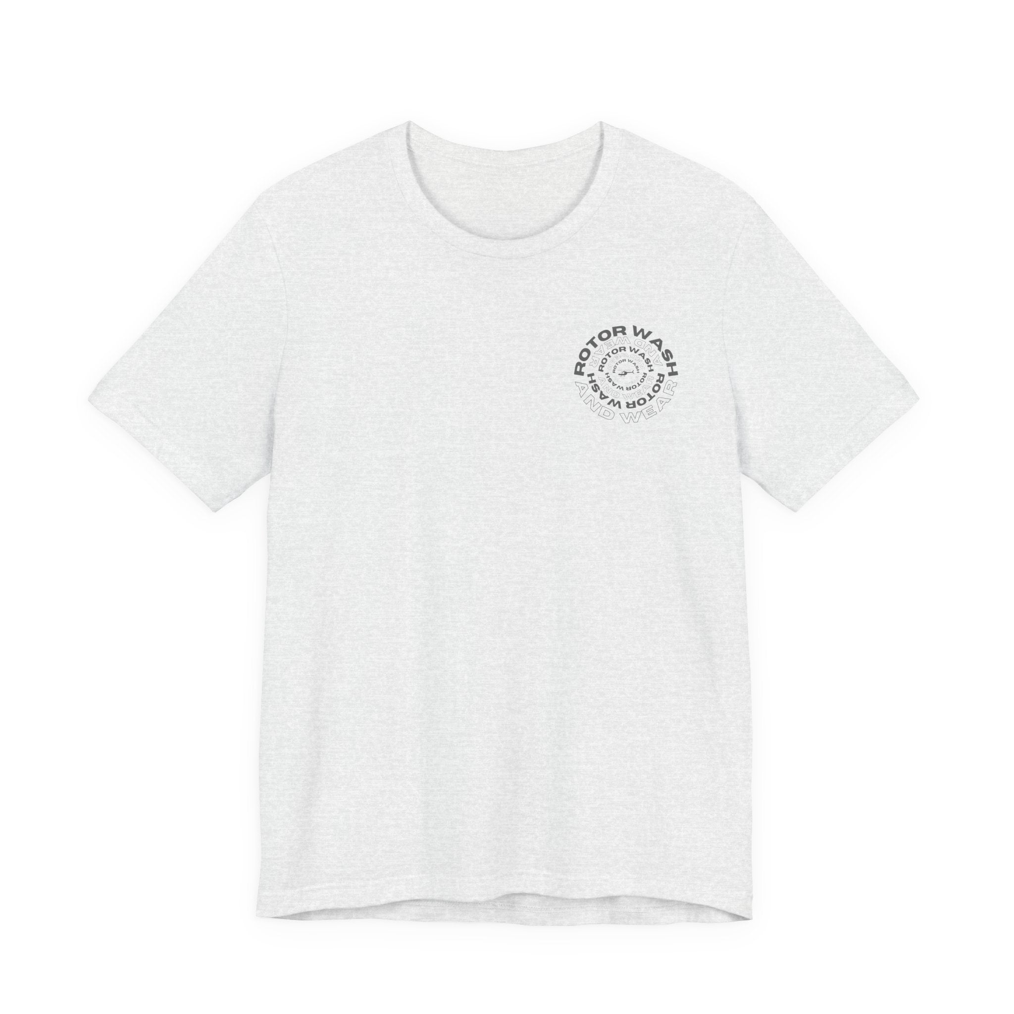 White t-shirt with 'Rotor Wash and Wear' circular design text design on the left chest on a white background