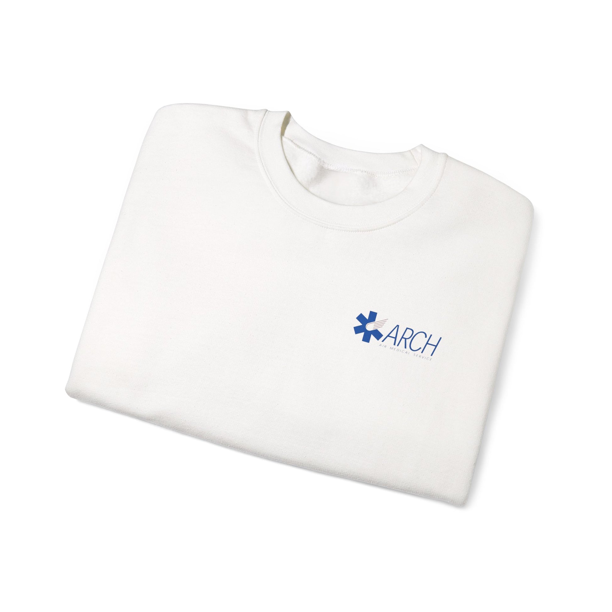 Folded white crewneck sweatshirt with a small ARCH by Air Methods logo on the left chest by Rotor Wash & Wear