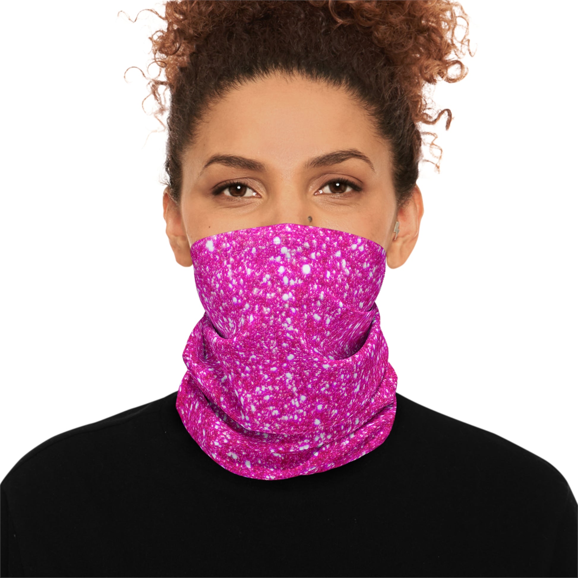 Person wearing a pink and white patterned neck gaiter by Rotor Wash & Wear