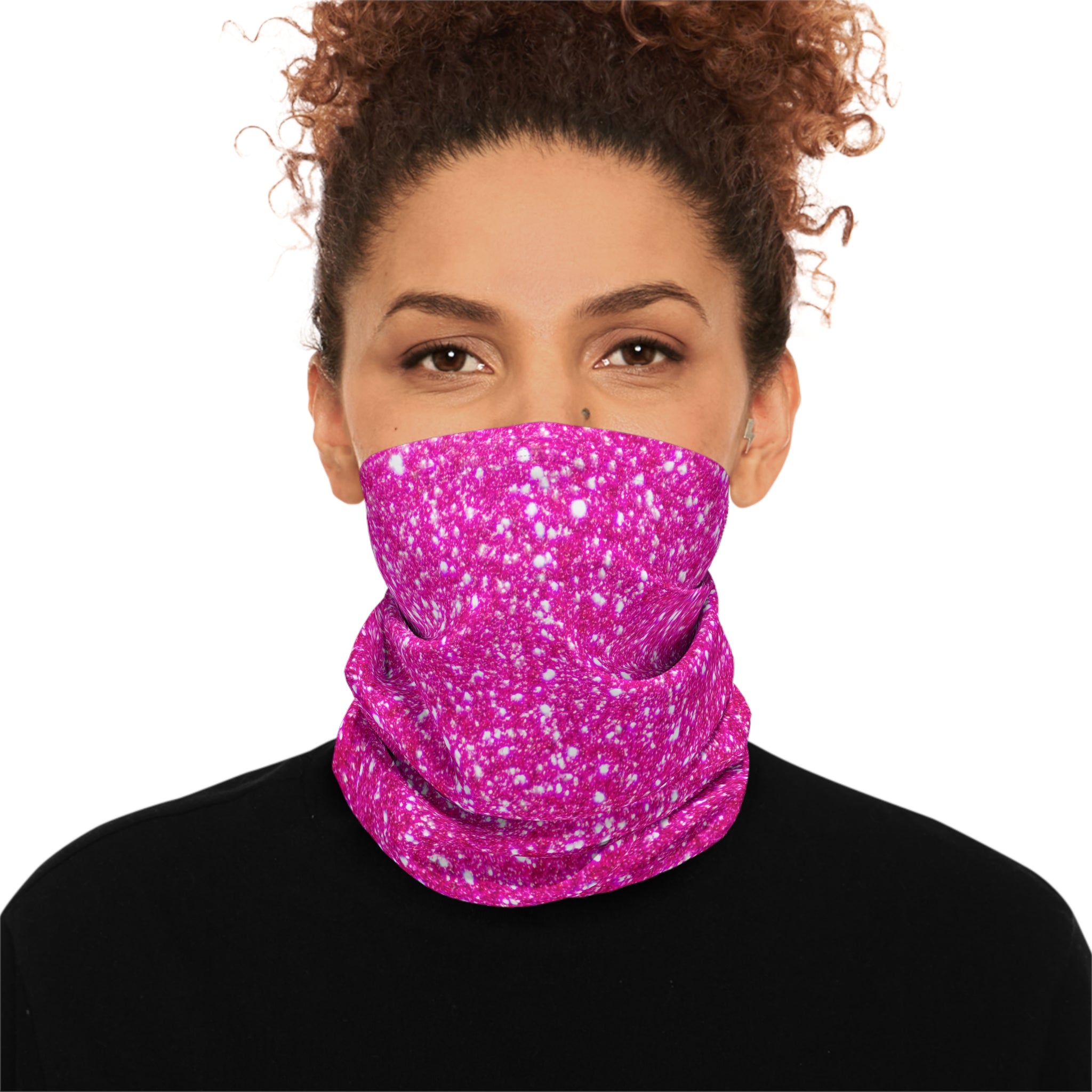 Person wearing a pink and white patterned neck gaiter by Rotor Wash & Wear