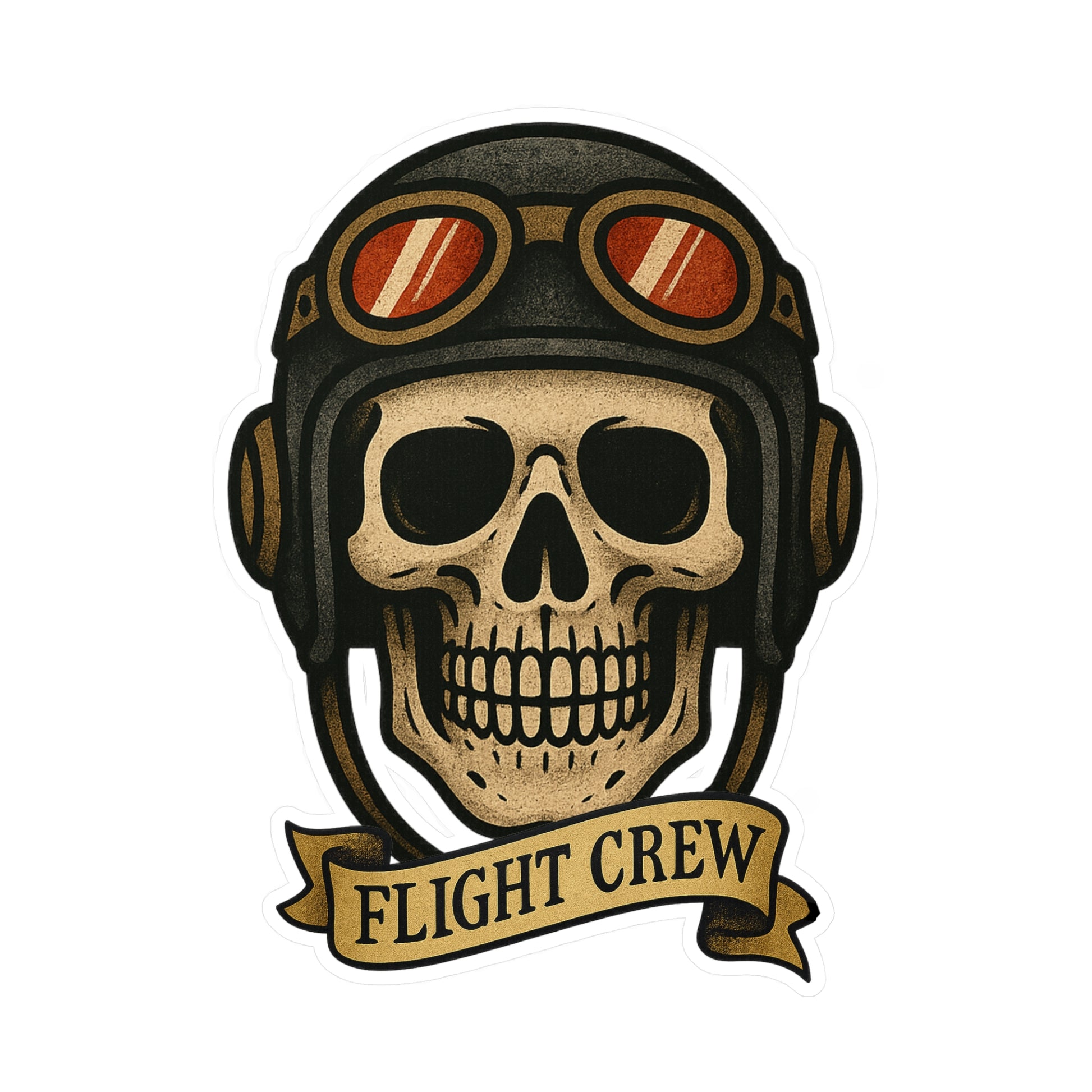Skull wearing a flight helmet with goggles and 'FLIGHT CREW' banner on a white background
