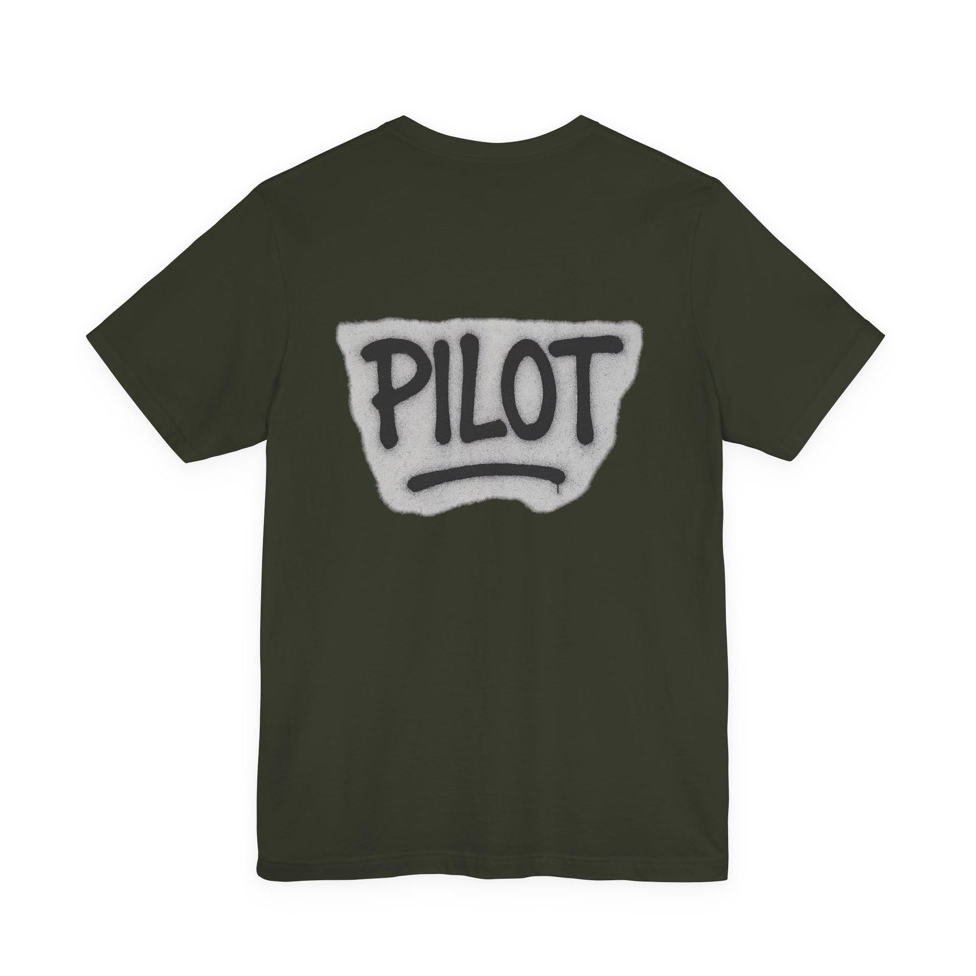 Dark olive t-shirt with graffiti style 'PILOT' text printed on the back against a white background