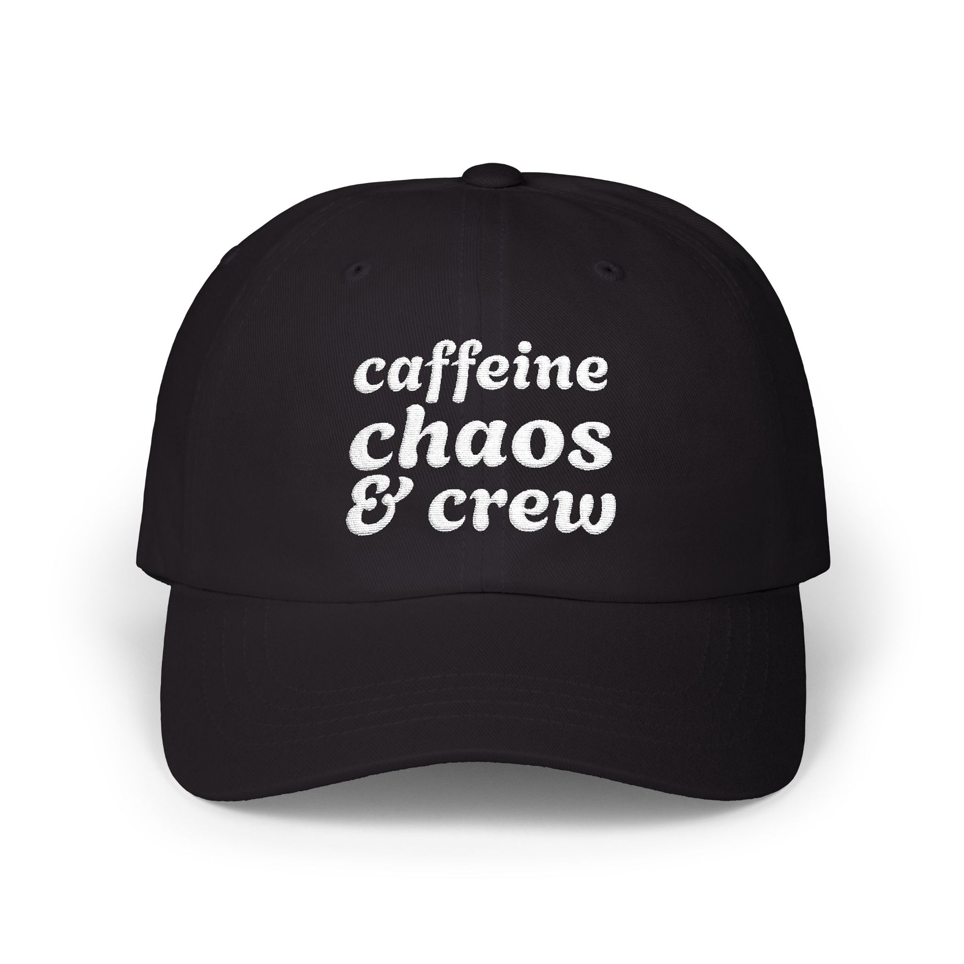 Black cap with 'cafeine chaos & crew' text on a white background