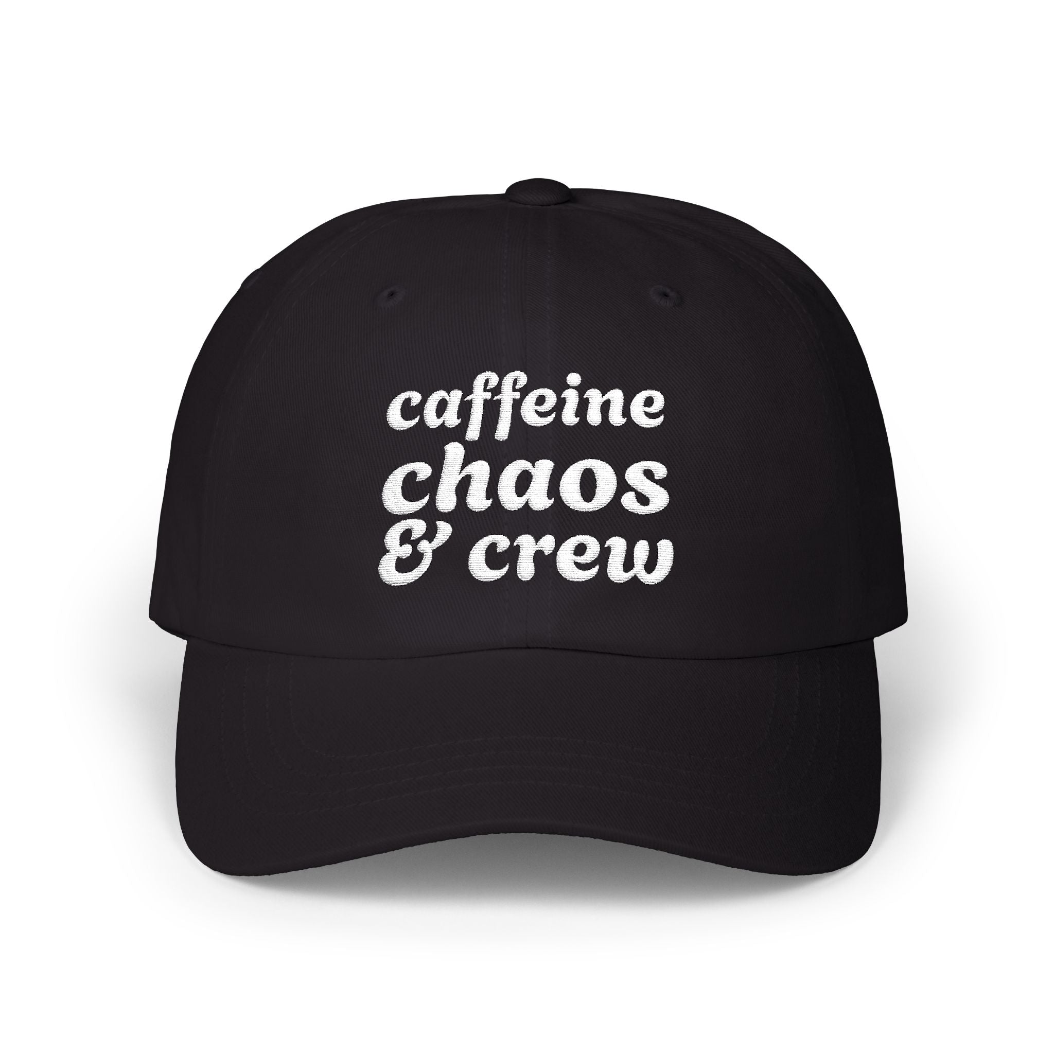 Black cap with 'cafeine chaos & crew' text on a white background
