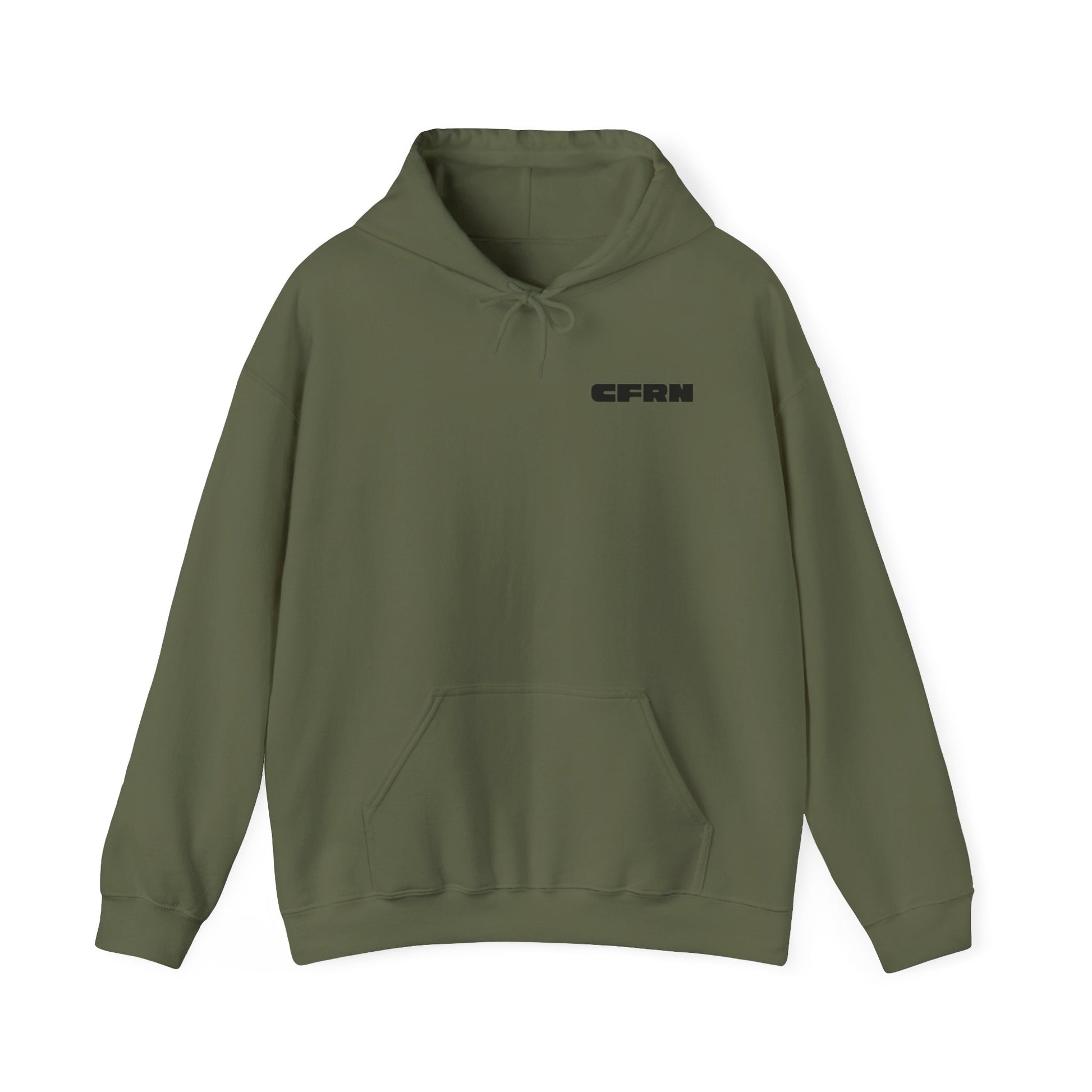 Green hoodie with 'CFRN' logo on a white background