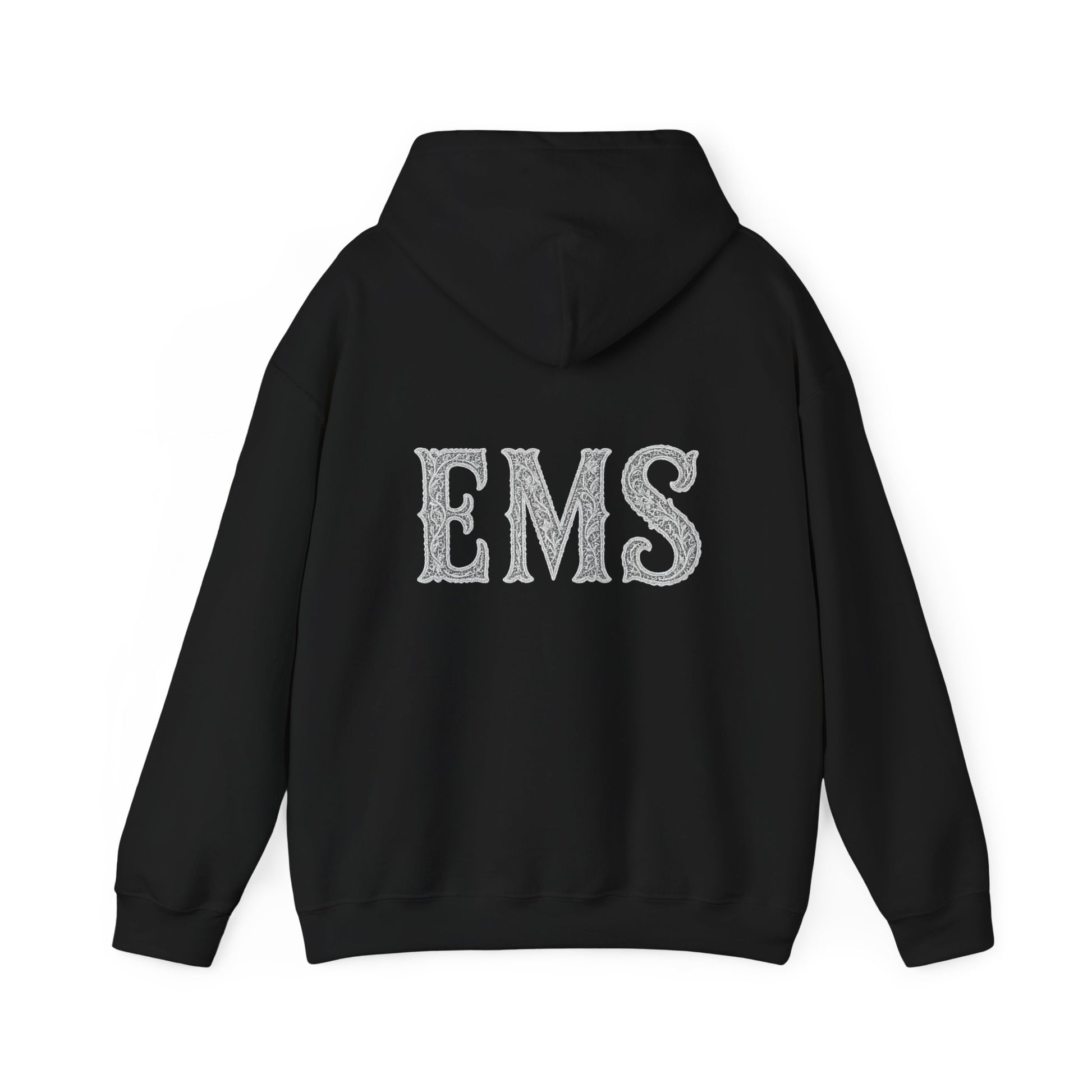 Black hoodie with 'EMS' text on the back against a white background