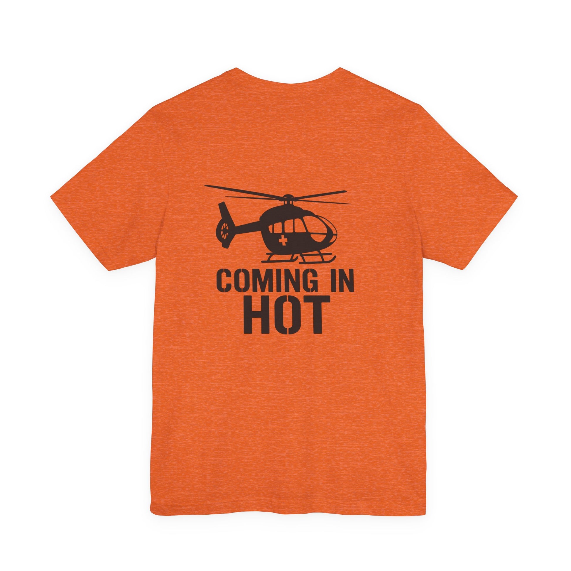 Orange t-shirt with helicopter graphic and text 'COMING IN HOT' on a white background