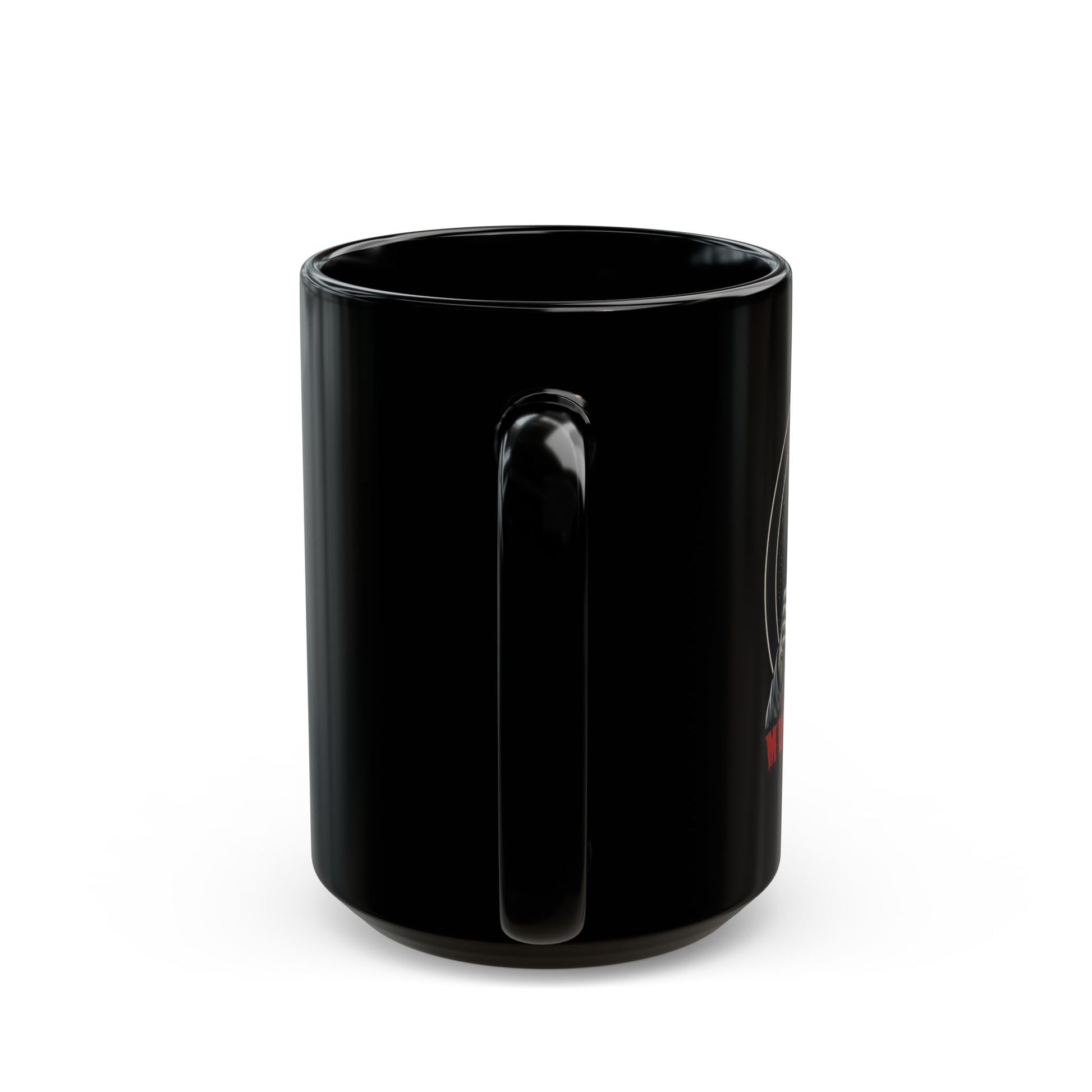 Black mug with red text on a white background