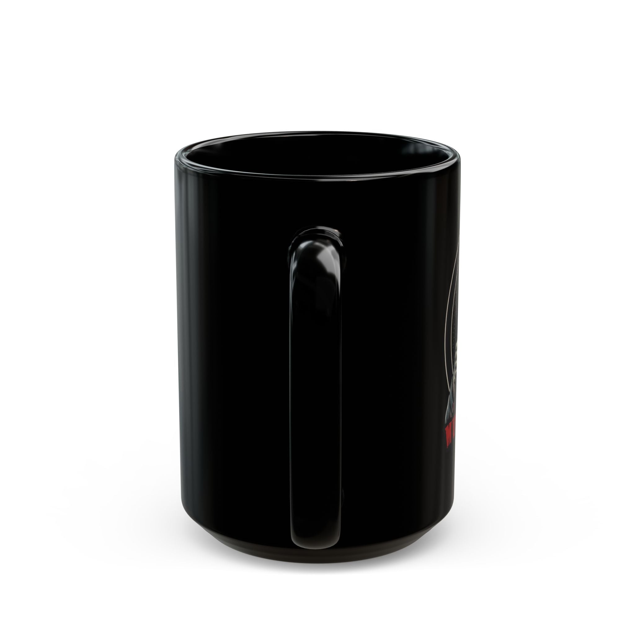 Black mug with red text on a white background