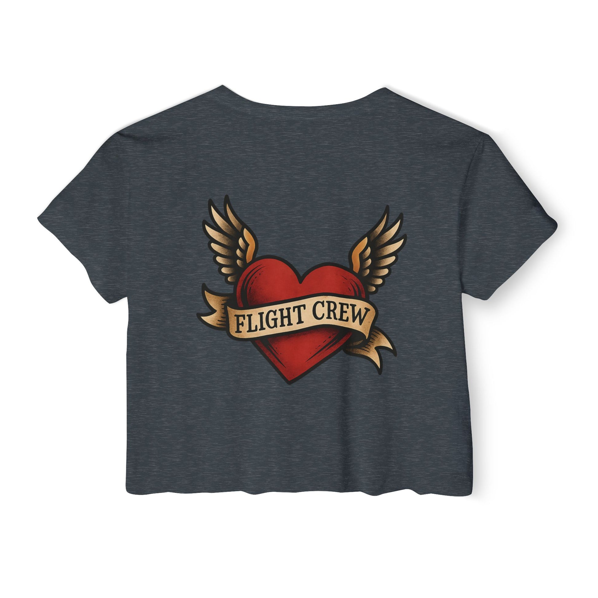 Dark blue crop top with a red heart and wings design featuring 'FLIGHT CREW' text on a white background