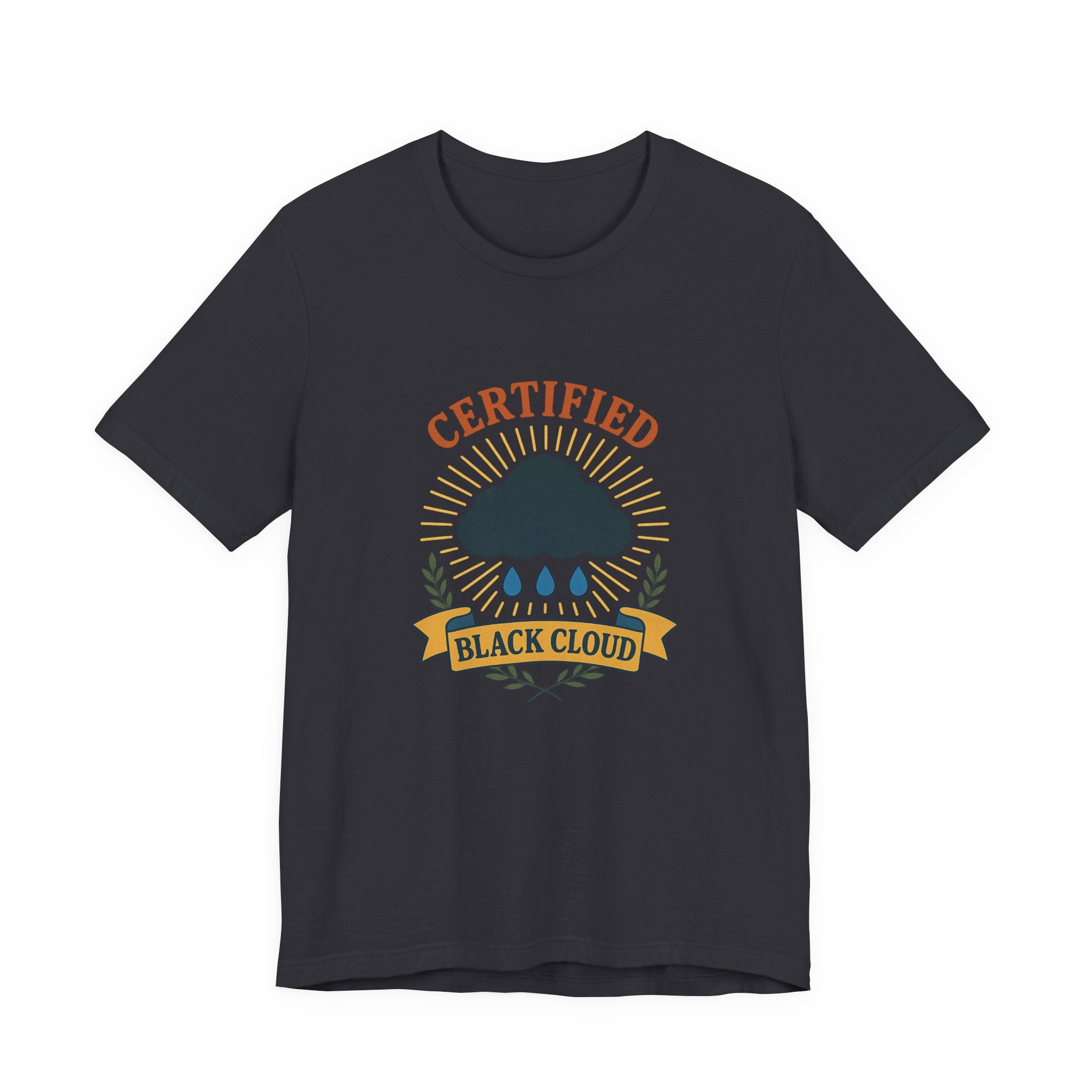 Dark gray t-shirt with 'Certified Black Cloud' graphic design on a white background