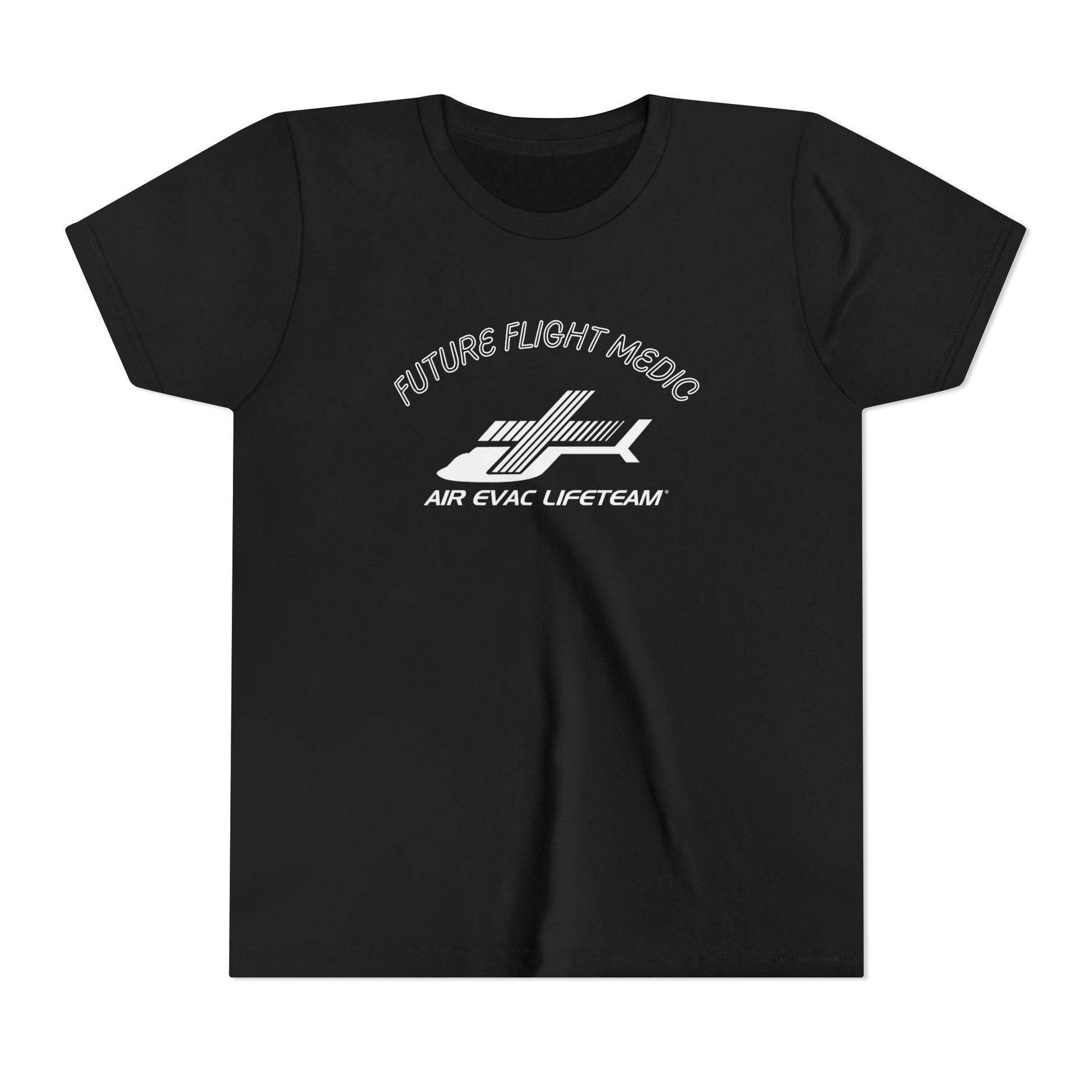 Black kid's t-shirt with Air Evac Lifeteam logo and text "Future Flight Medic" by Rotor Wash & Wear