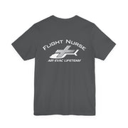 Gray t-shirt with 'Flight Nurse" text and Air Evac Lifeteam' logo on the back by Rotor Wash & Wear