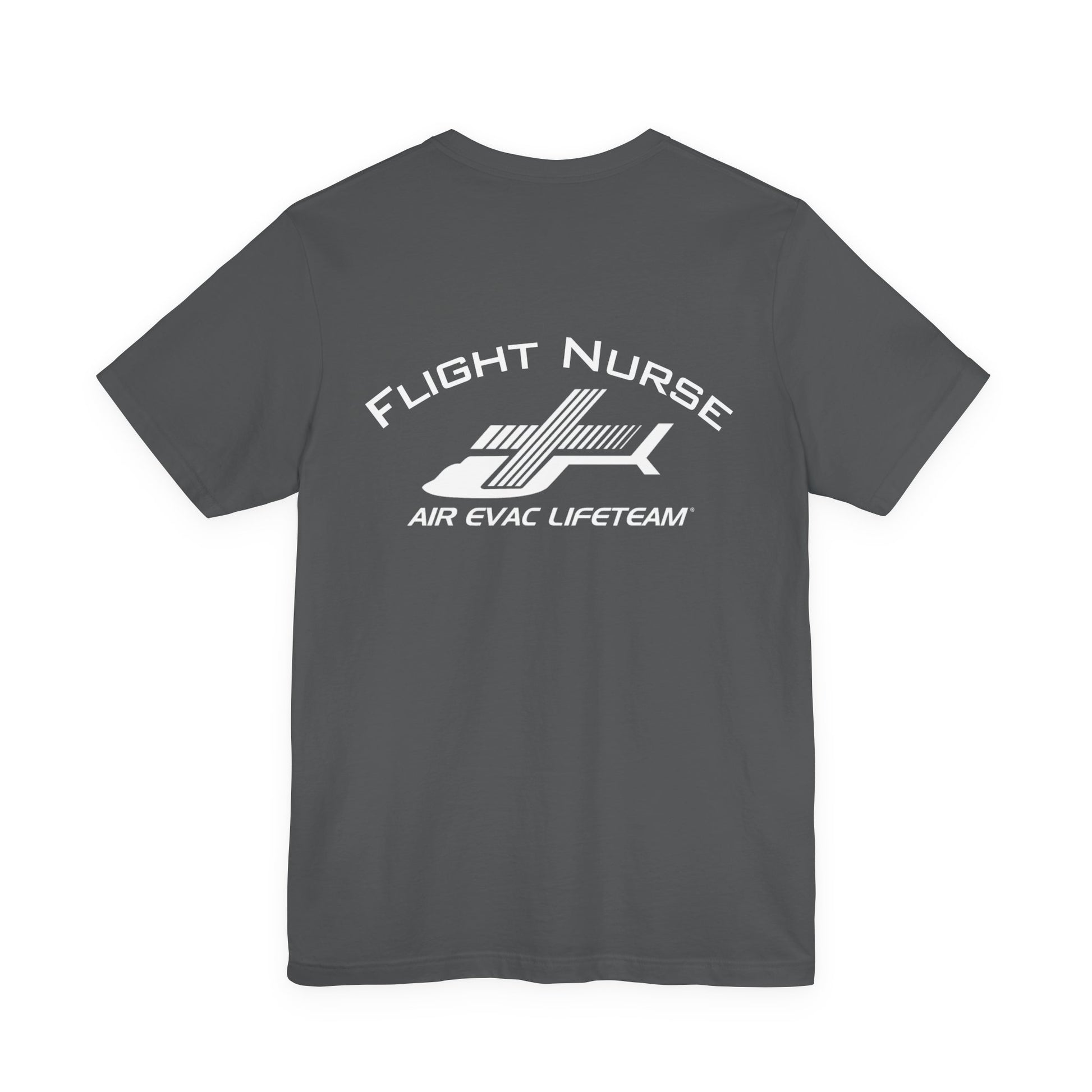 Gray t-shirt with 'Flight Nurse" text and Air Evac Lifeteam' logo on the back by Rotor Wash & Wear