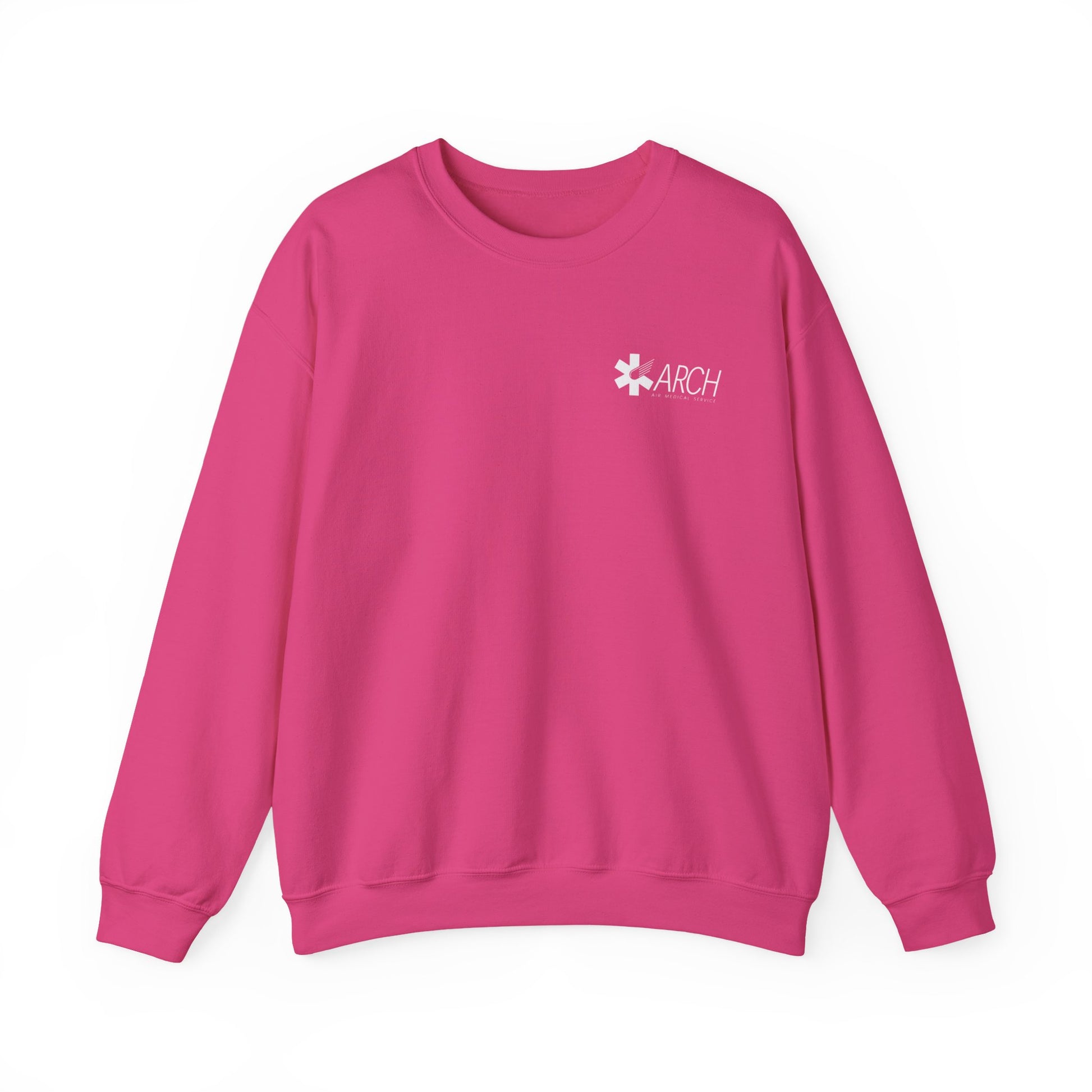 Pink crewneck sweatshirt with a small ARCH by Air Methods logo on the left chest by Rotor Wash & Wear